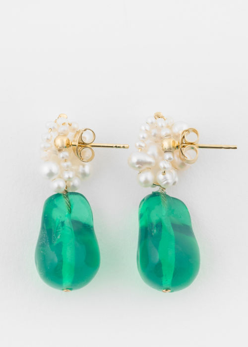 'Tra‐la‐la' Pearl & Green Resin Earrings by Completedworks