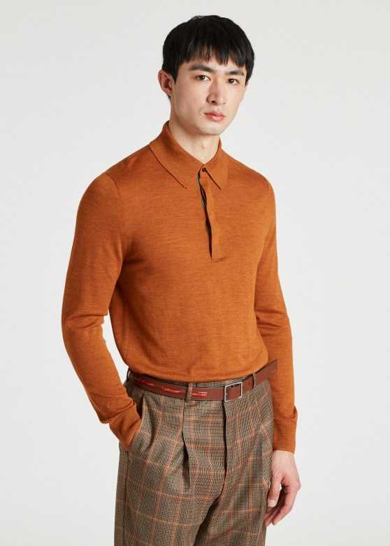Model Front View - Men's Rust Marl Merino Long-Sleeve Polo Shirt Paul Smith