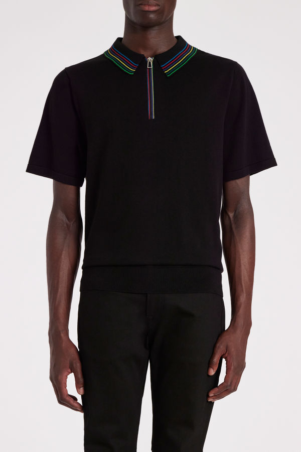 Black Organic Cotton 'Sports Stripe' Zip Neck Polo Shirt