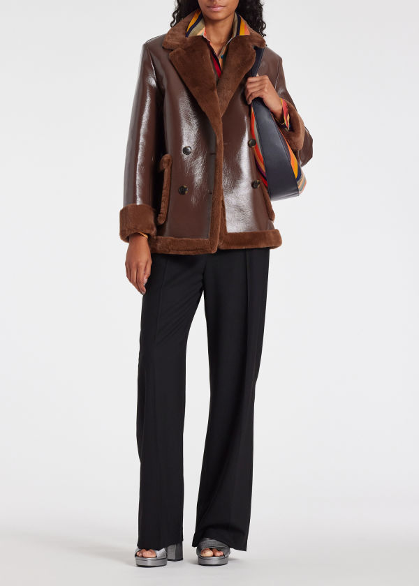 Women's Brown Bonded Faux-Leather Pea Coat