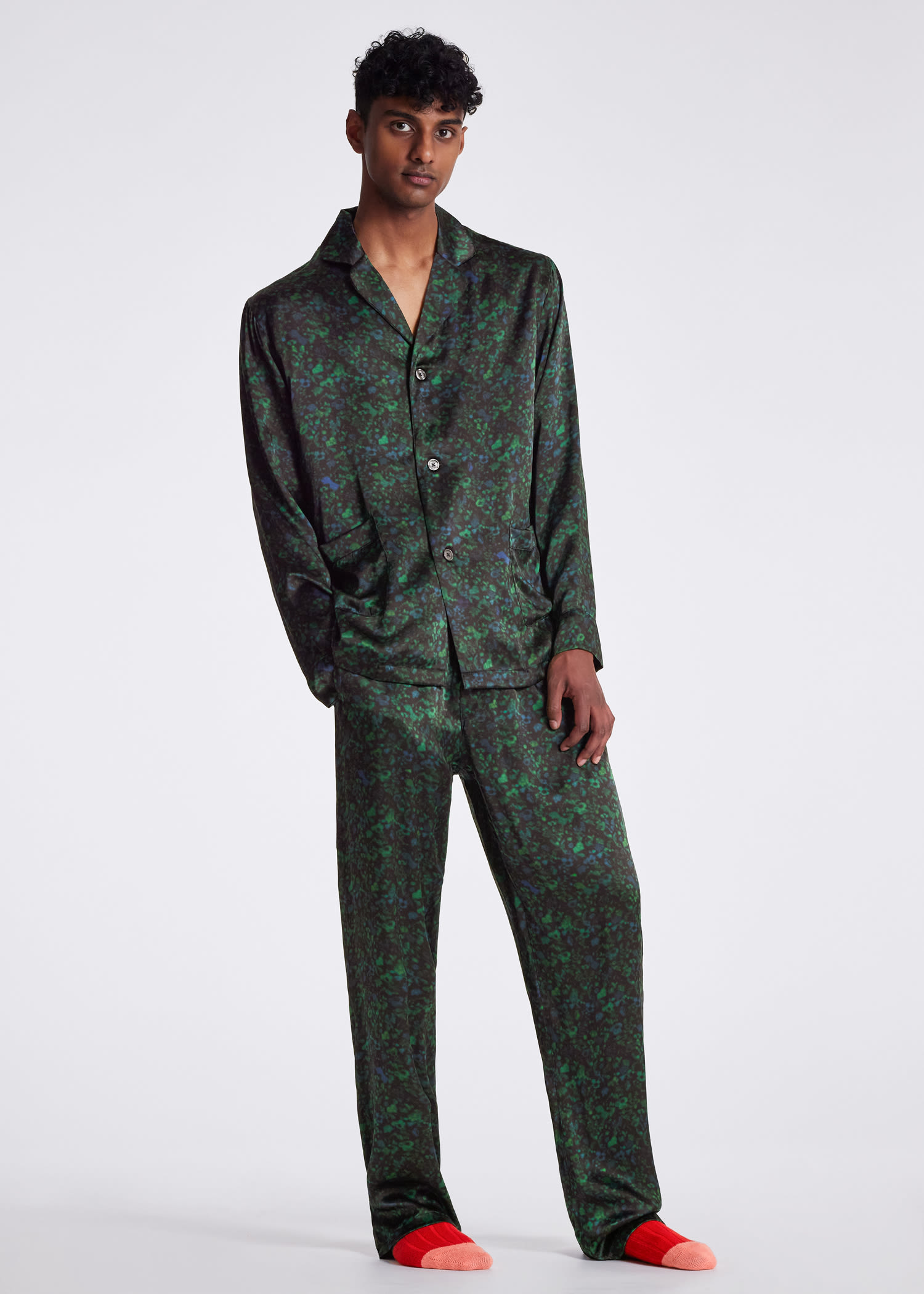 Men's Green 'Twilight Floral' Silk Shirt and Trouser Pj Set