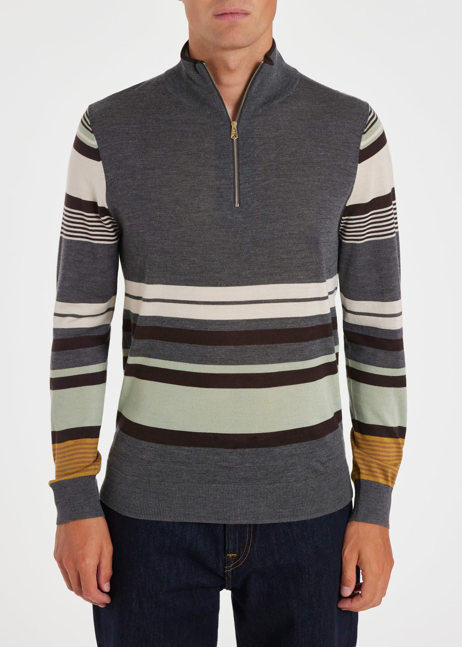 Men's Grey Multi Stripe Wool-Silk Blend Half Zip Sweater