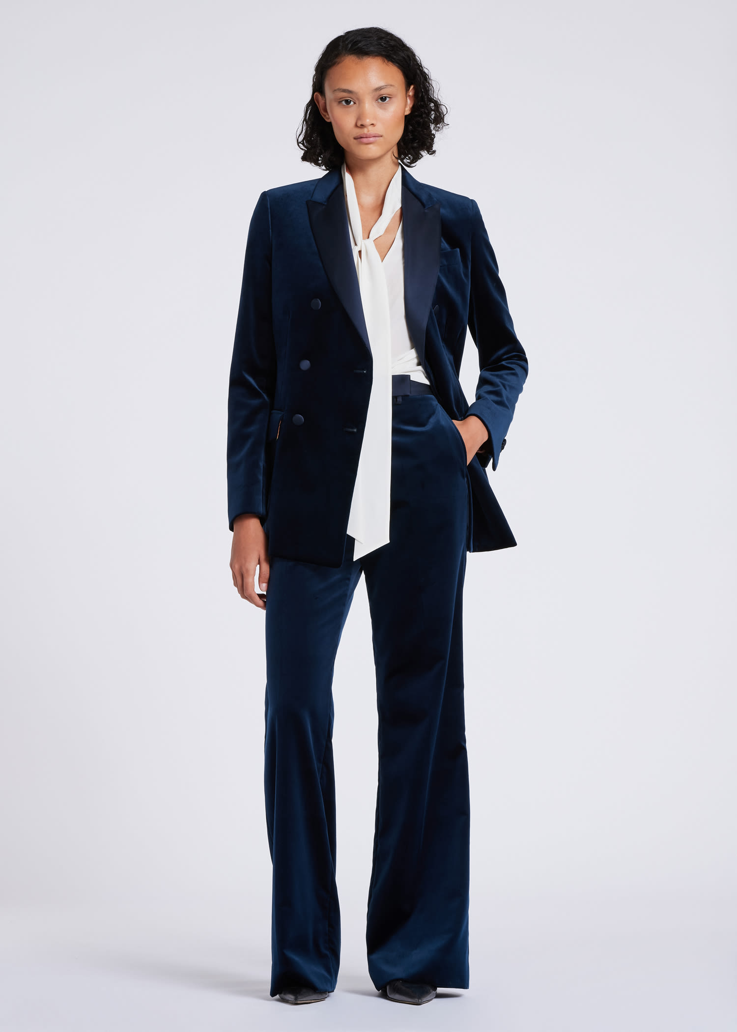 Women's Dark Blue Velvet Slim-Fit Double Breasted Blazer