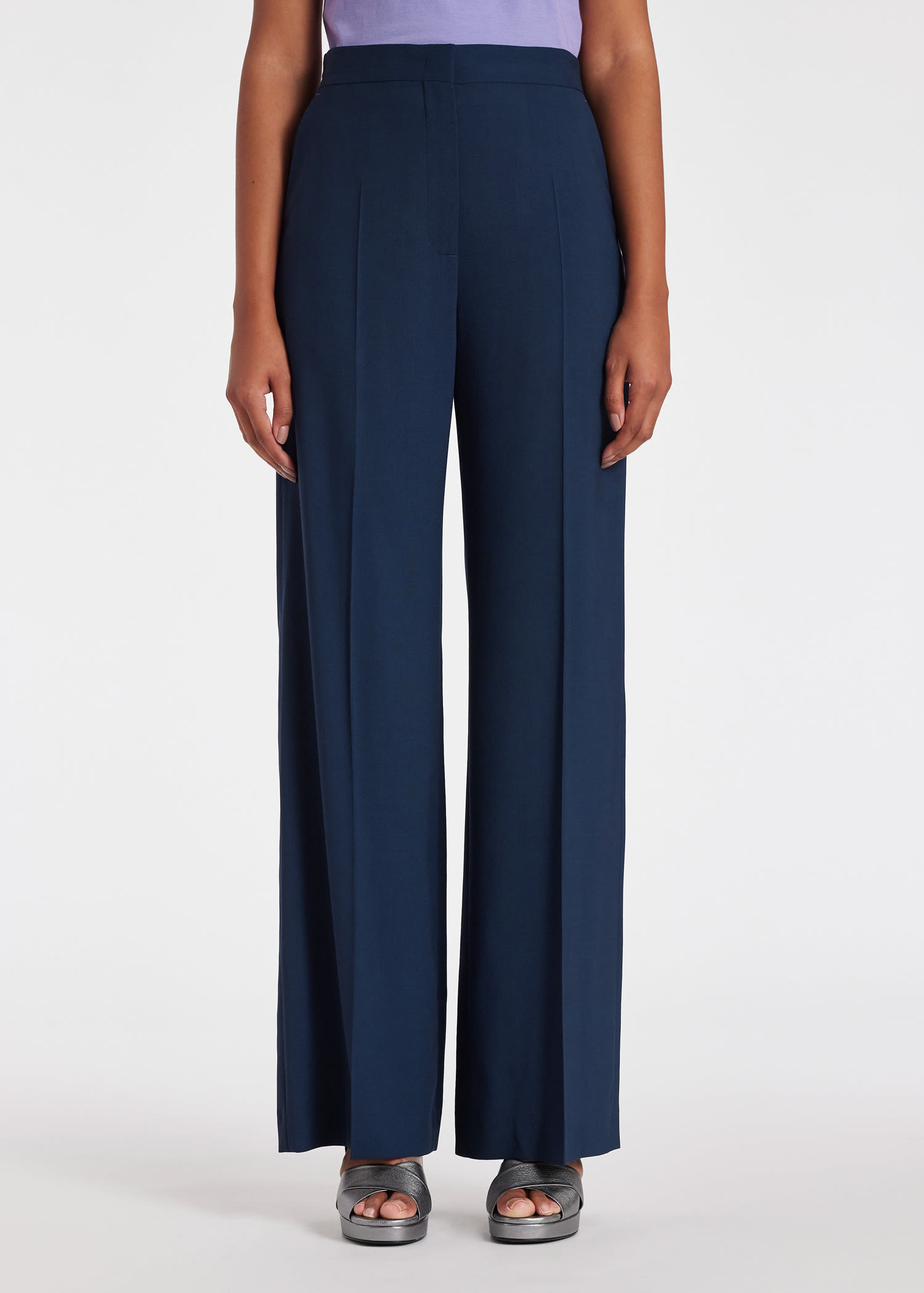 Women's Navy Wool-Hopsack Wide Leg Trousers