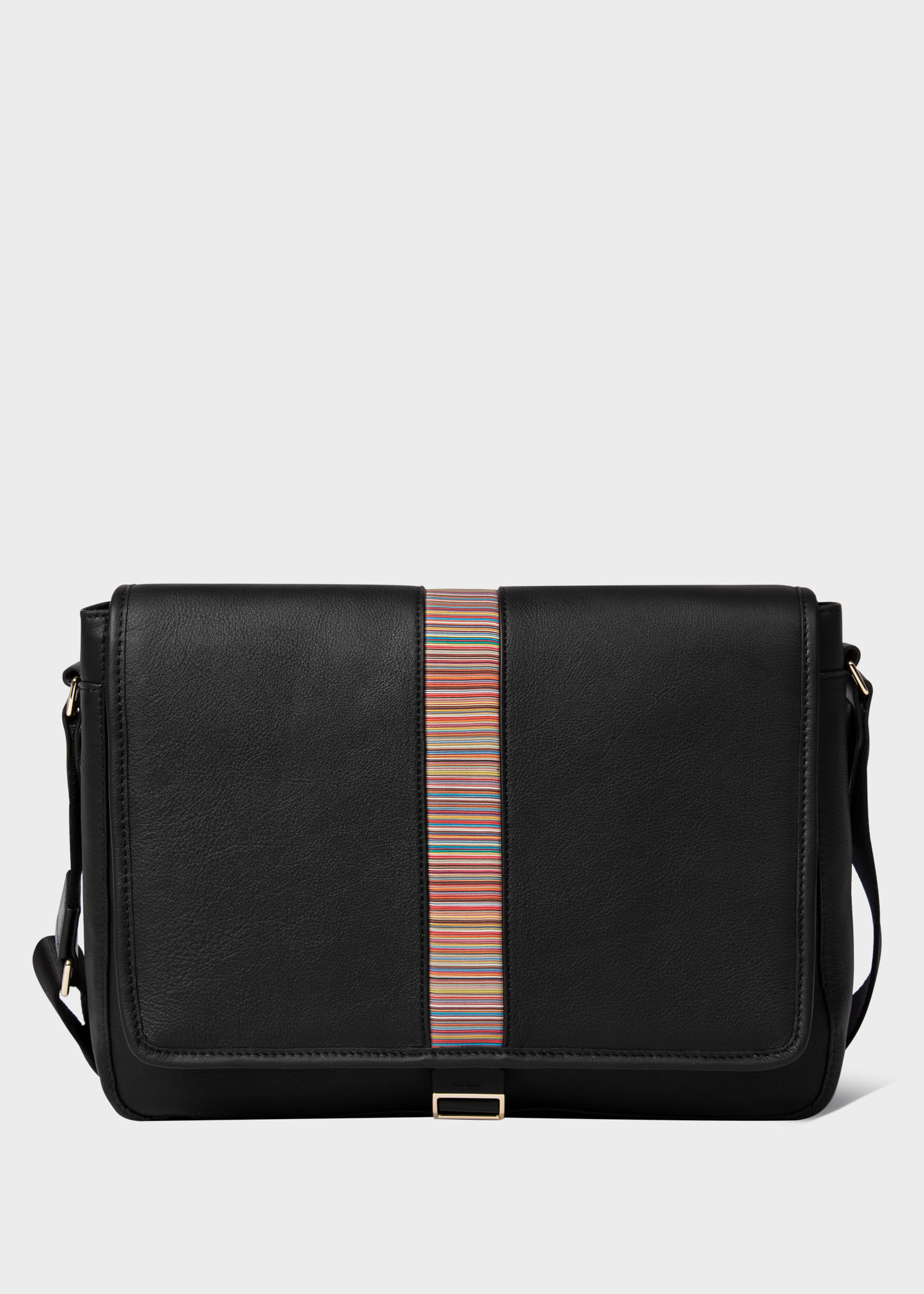 Black Leather Signature Stripe Messenger Bag