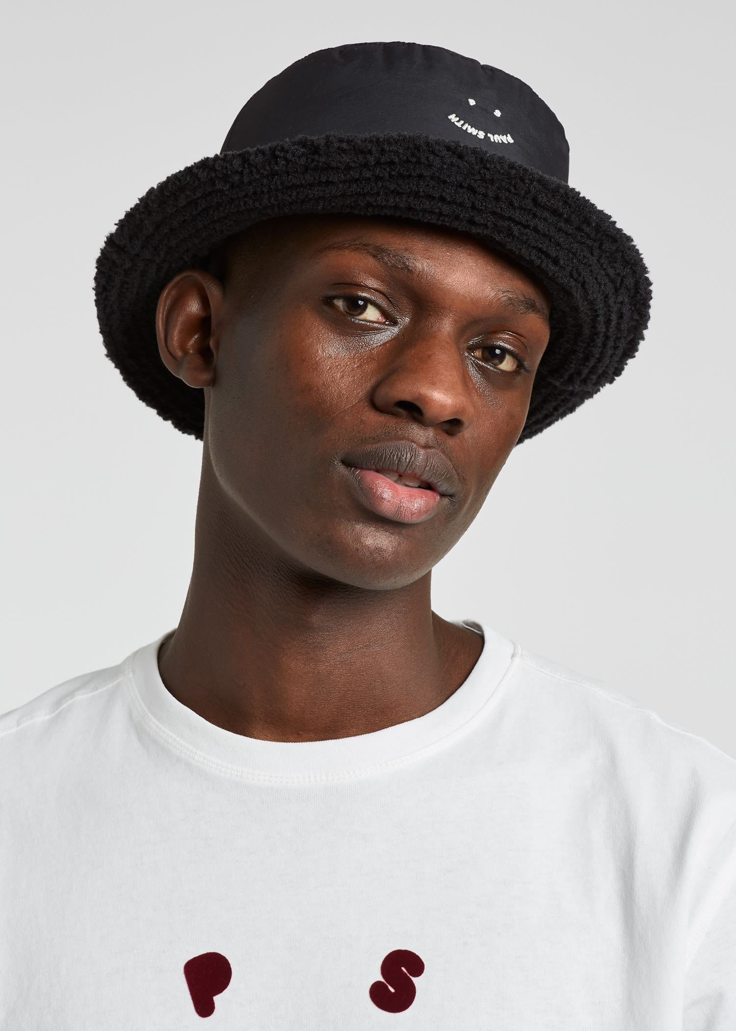 Black 'Happy' Bucket Hat With Faux Shearling Lining