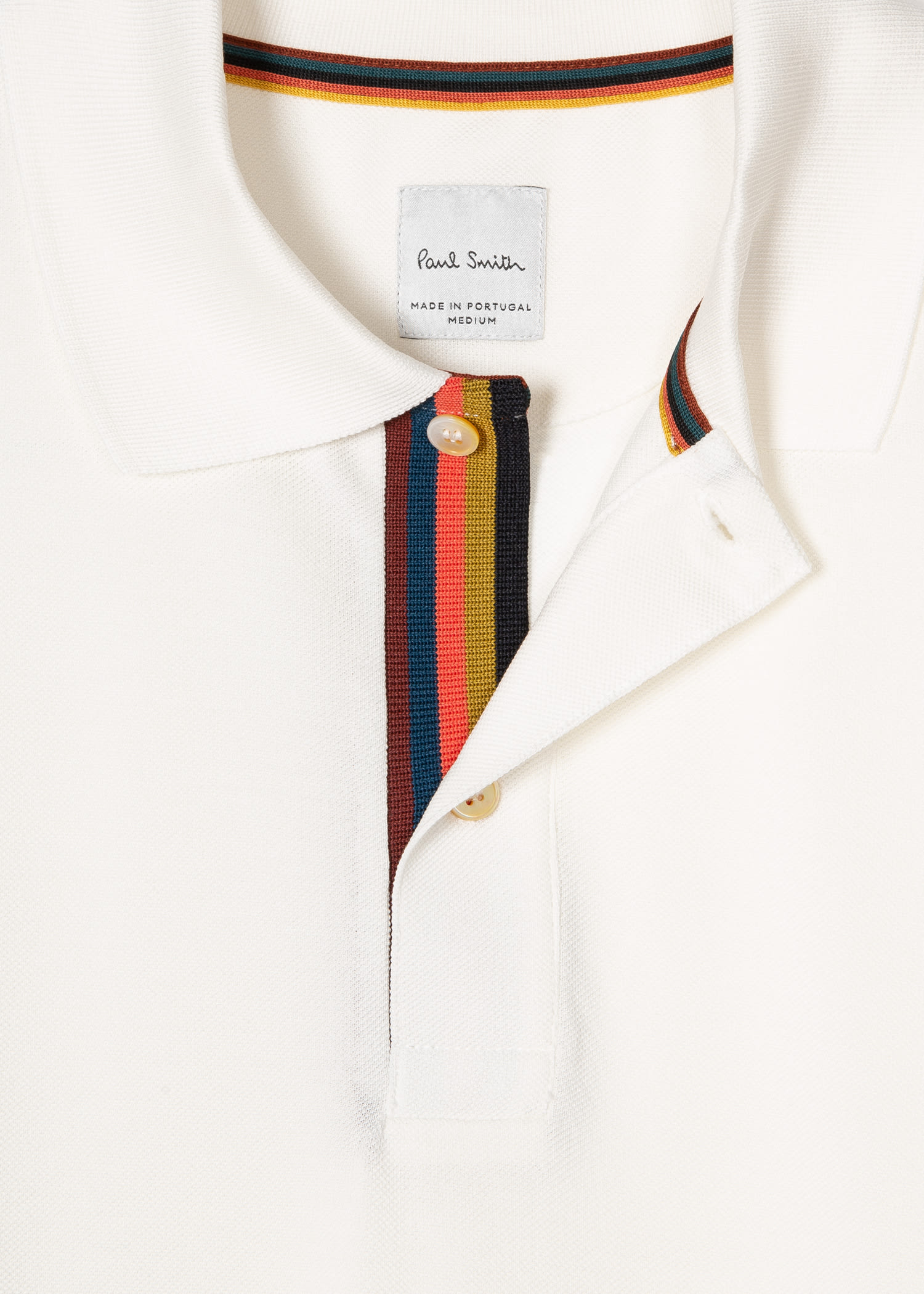 Men's Slim-Fit White Cotton-Piqué Polo Shirt With 'Artist Stripe' Placket