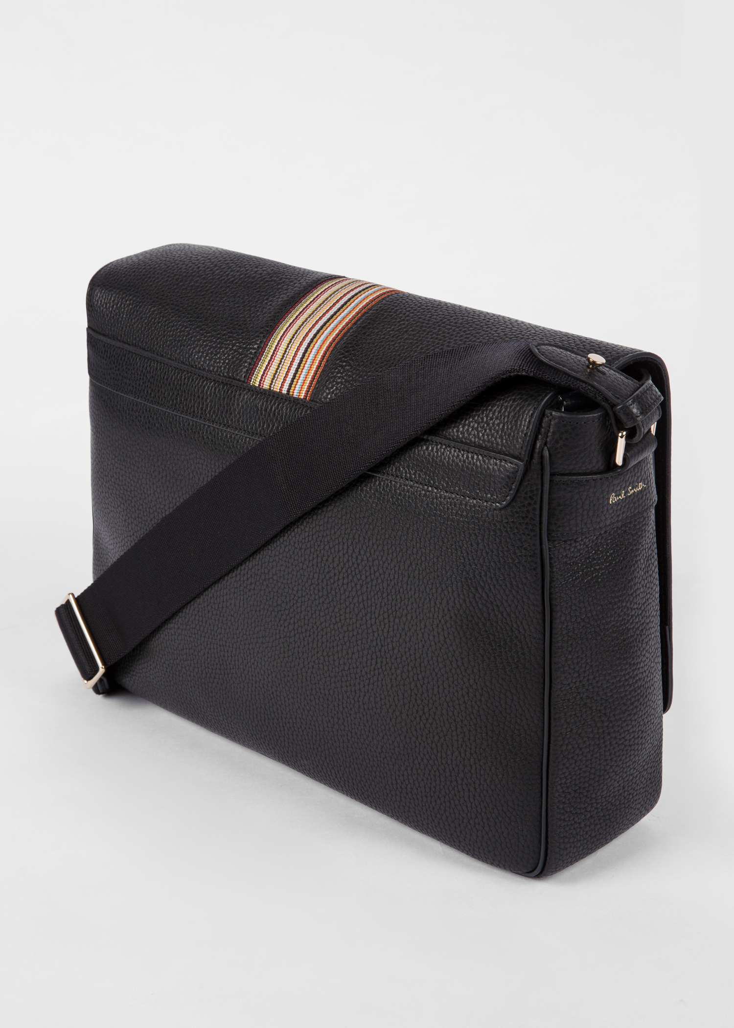Men&#39;s Black Leather Signature Stripe Messenger Bag - Paul Smith Australia