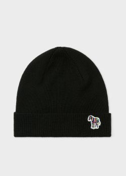 Men's Black 'Zebra' Logo Ribbed Lambswool Beanie Hat
