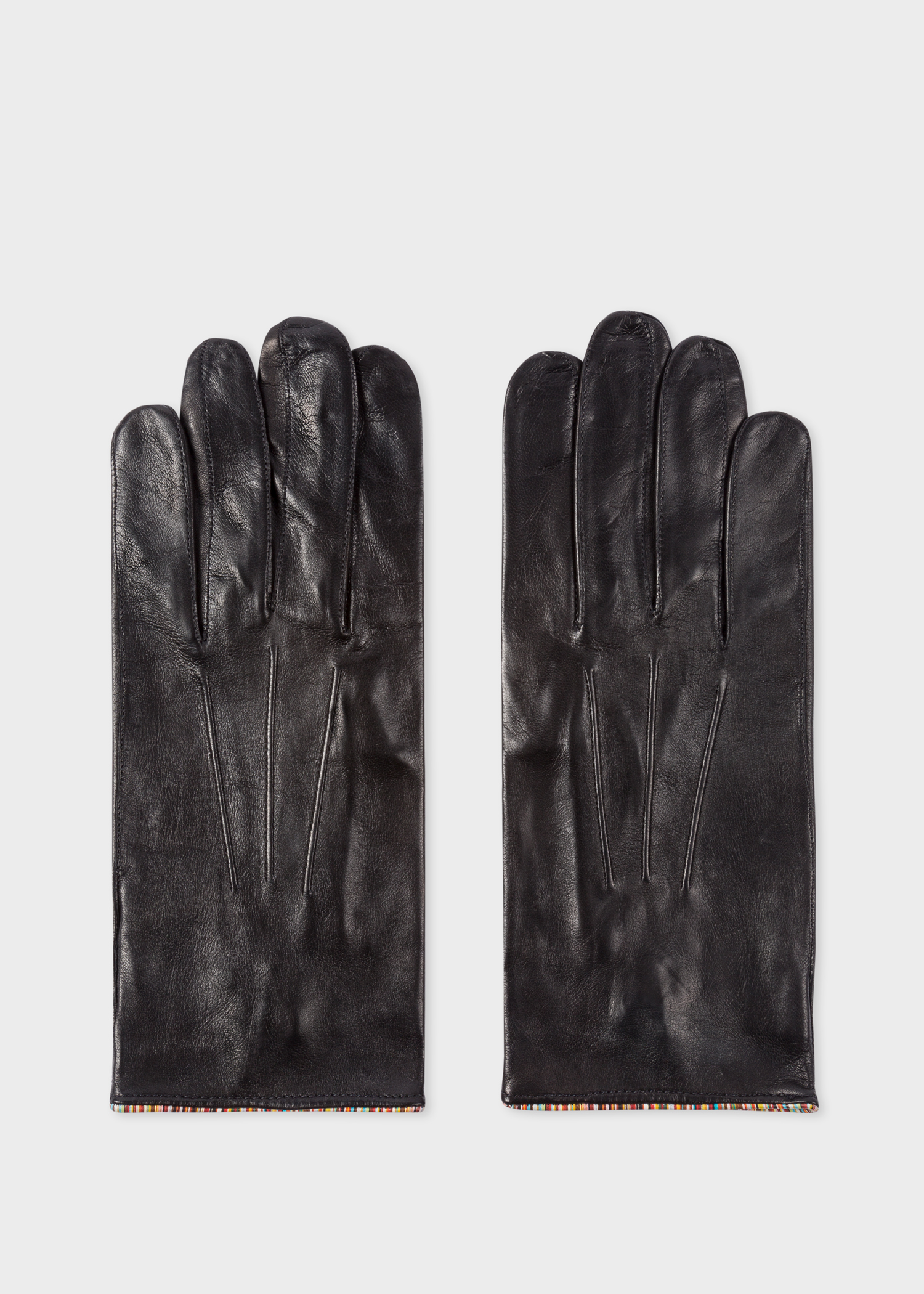 Front view - Men's Black Leather Gloves With 'Signature Stripe' Piping Paul Smith