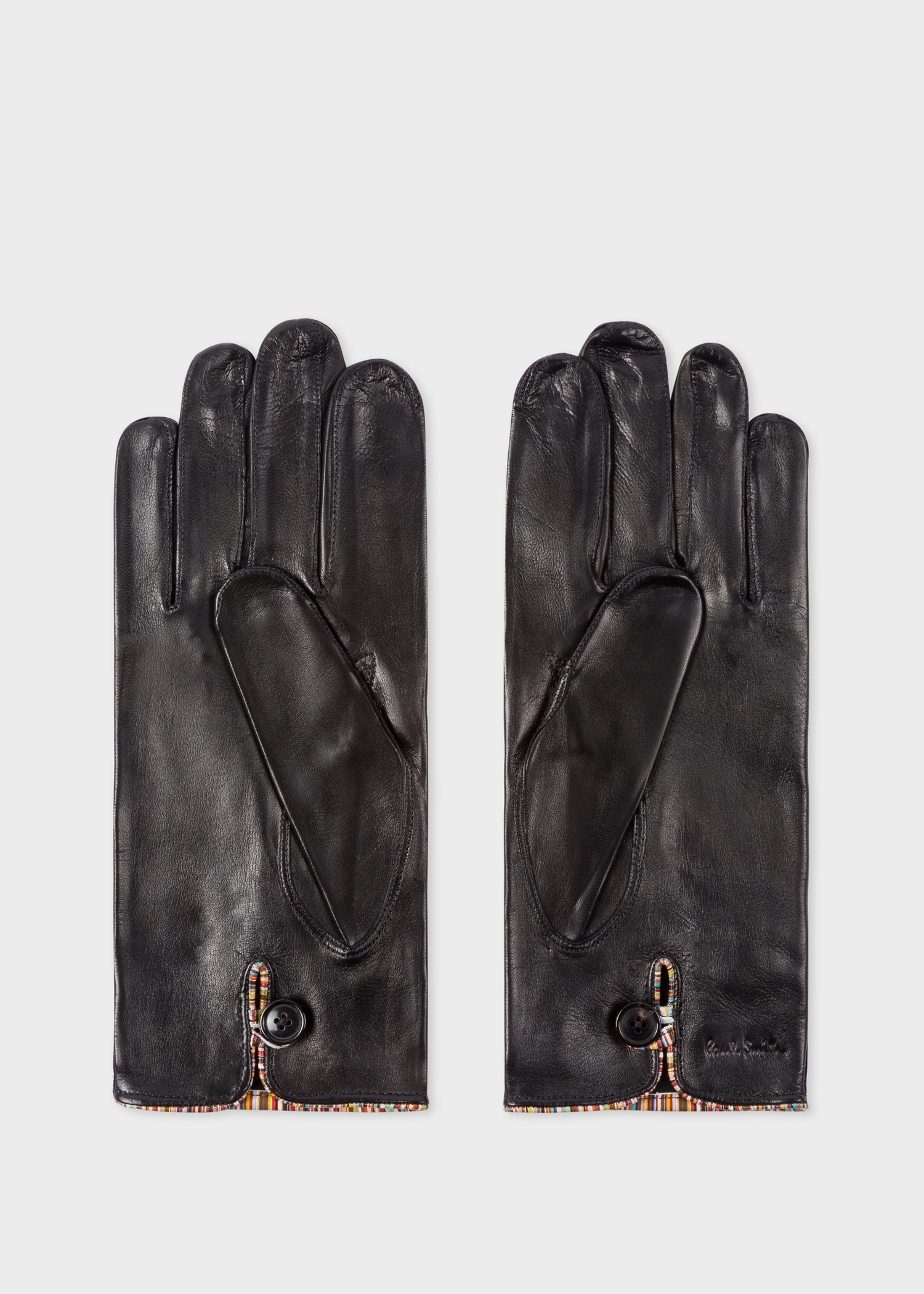 Back view - Men's Black Leather Gloves With 'Signature Stripe' Piping Paul Smith