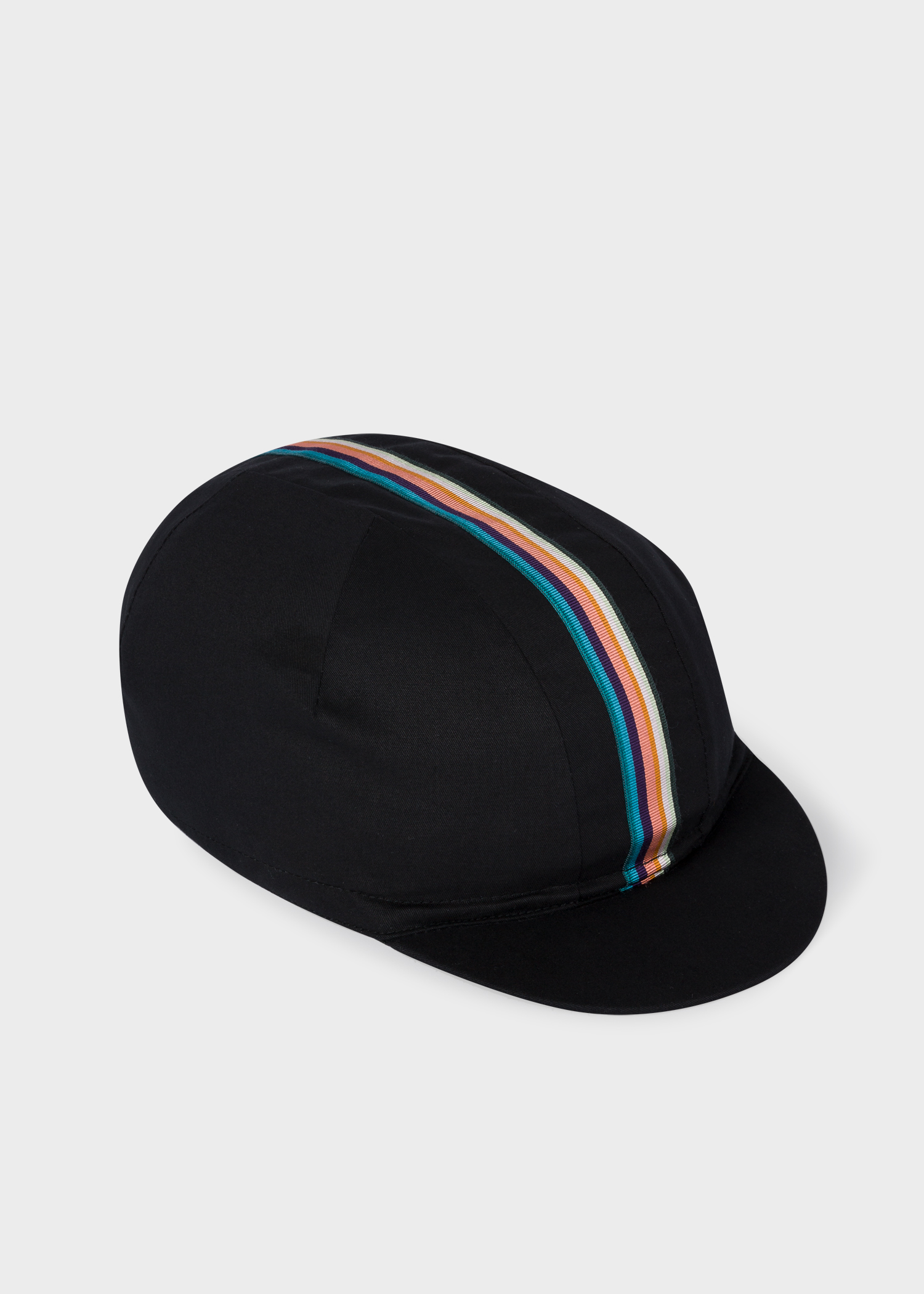 Angled view - Men's Black Cycling Cap With 'Artist Stripe' Webbing  Paul Smith