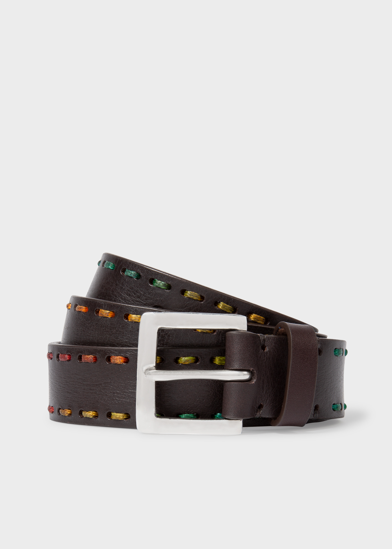 폴 스미스 벨트 Paul Smith Mens Brown Leather Belt With Multi-Coloured Stitching