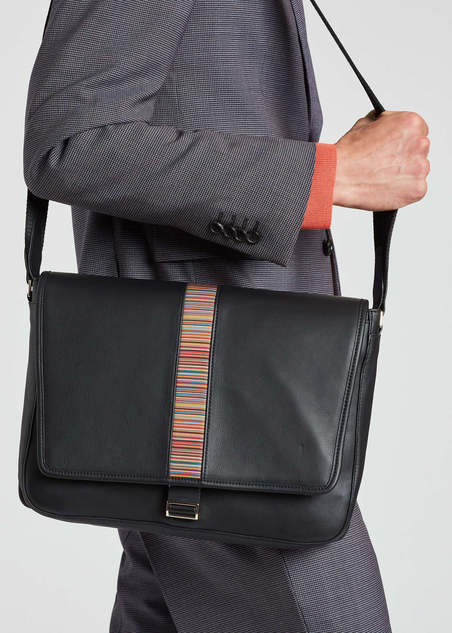 Model view - Black 'Signature Stripe' Messenger Bag Paul Smith
