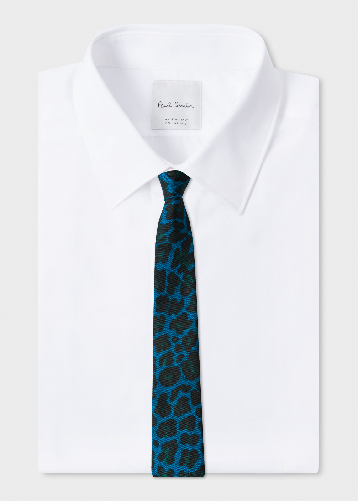 On Shirt View - Men's Blue 'Leopard' Print Narrow Silk Tie Paul Smith
