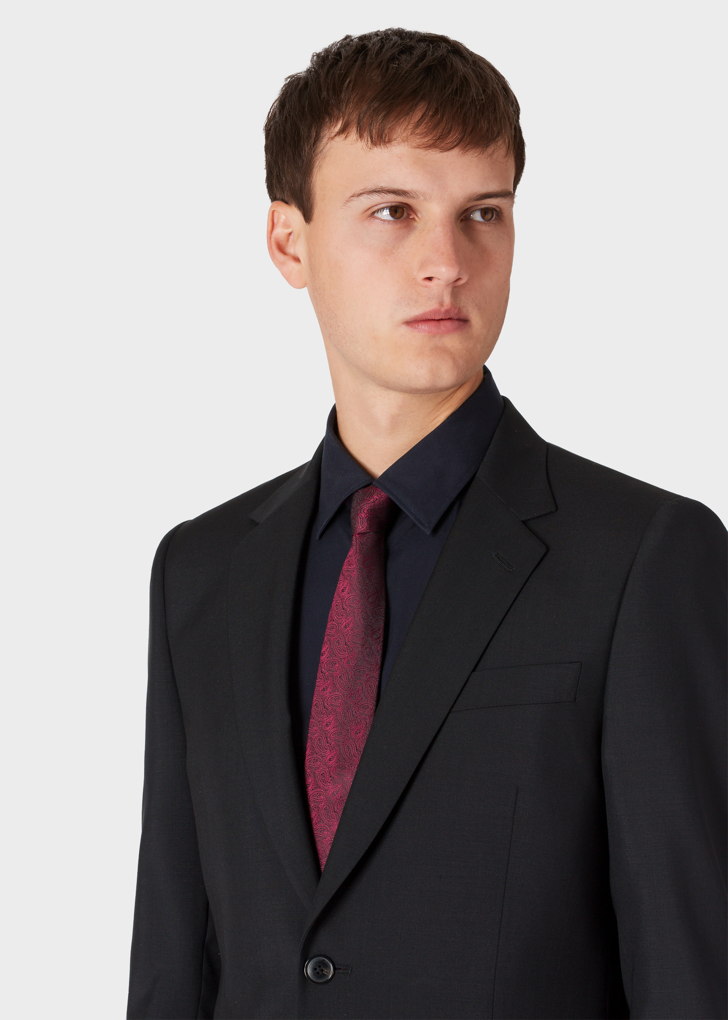 Model front close up - Men's Burgundy 'Paisley' Motif Narrow Silk Tie Paul Smith