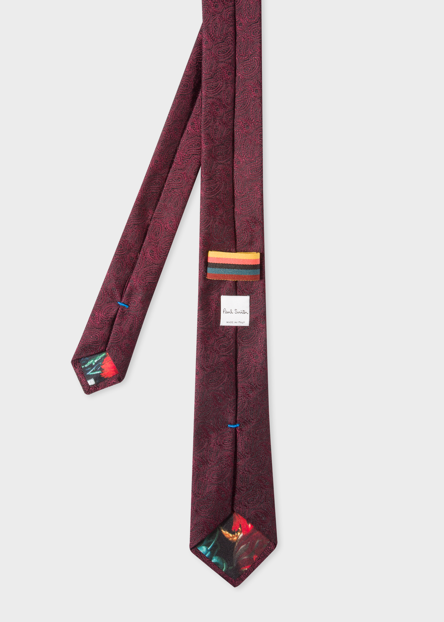 Back View - Men's Burgundy 'Paisley' Motif Narrow Silk Tie Paul Smith
