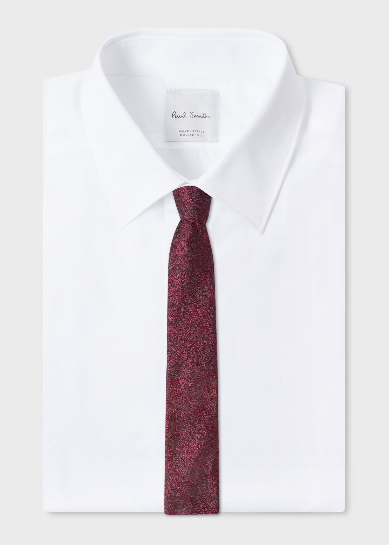 On Shirt View - Men's Burgundy 'Paisley' Motif Narrow Silk Tie Paul Smith