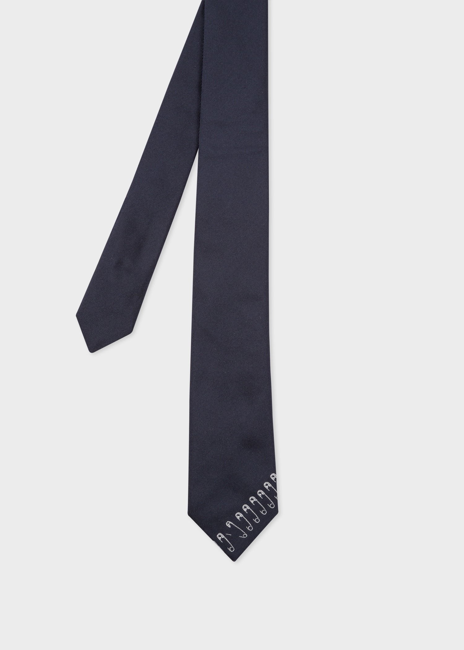 Front view - Men's Dark Navy Narrow Silk Tie With 'Safety Pins' Print Paul Smith