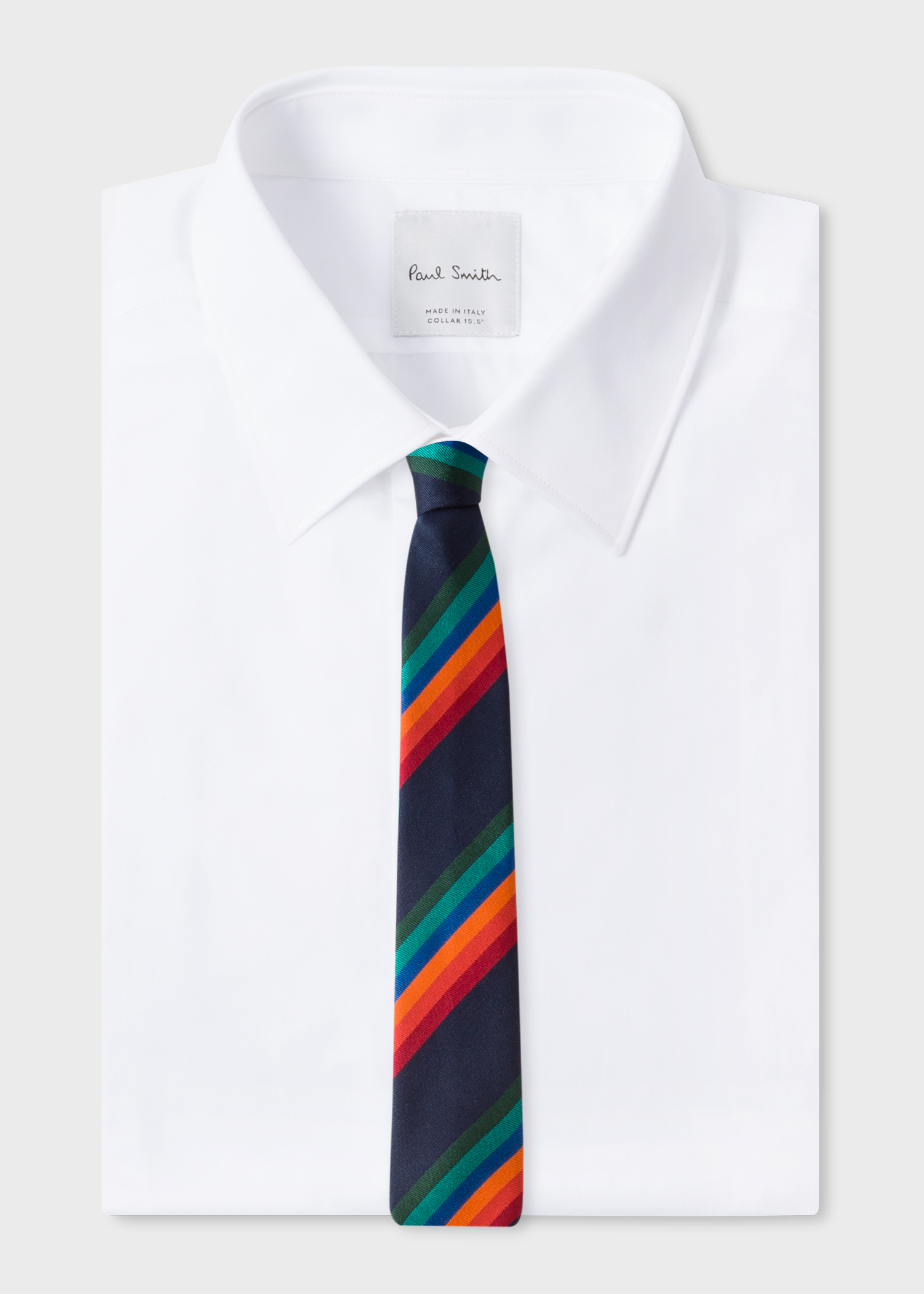 View on shirt - Men's Dark navy Diagonal Stripe Narrow Silk Tie Paul Smith