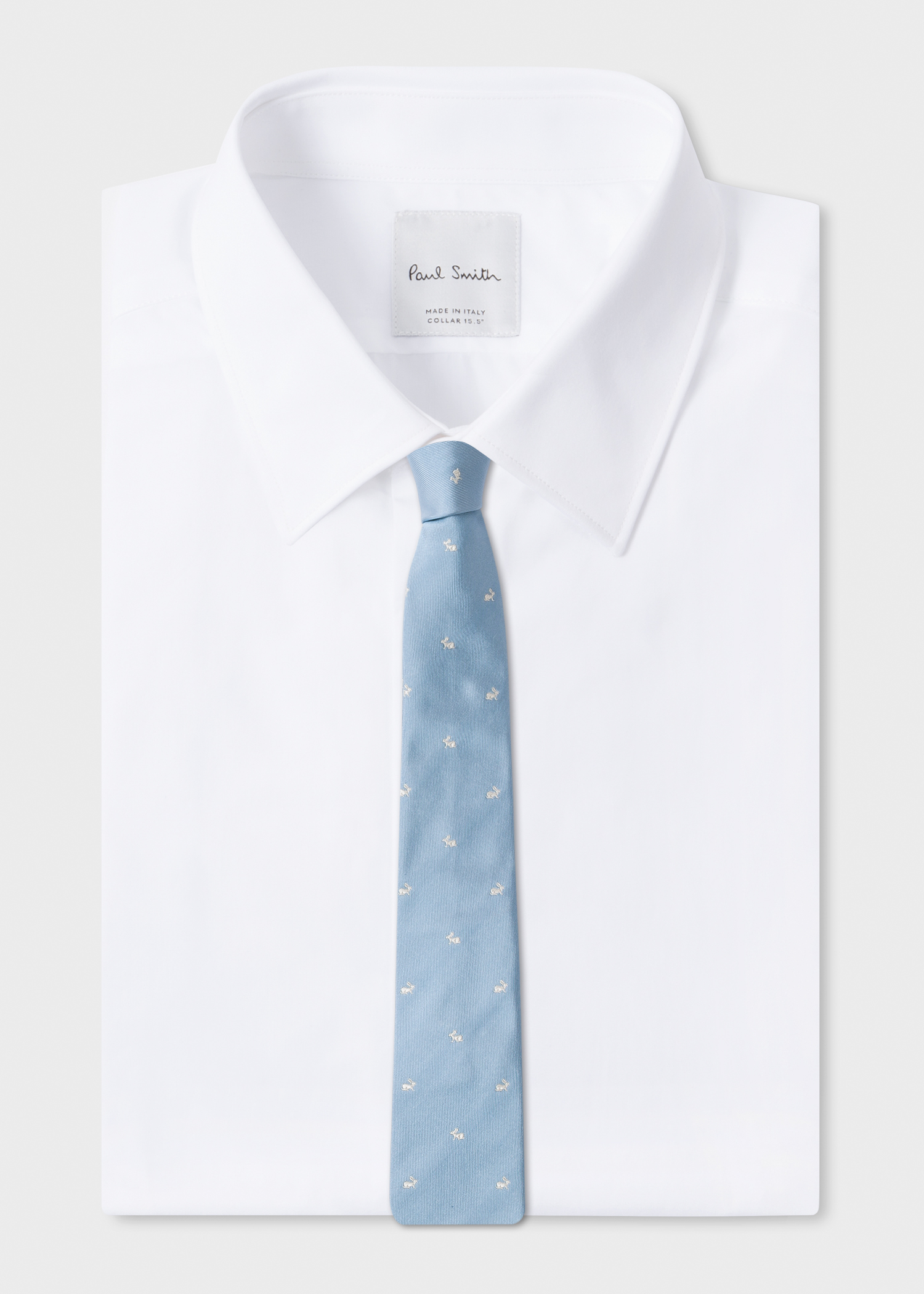 View on shirt - Men's Light Blue Rabbit Embroidery Narrow Silk Tie Paul Smith