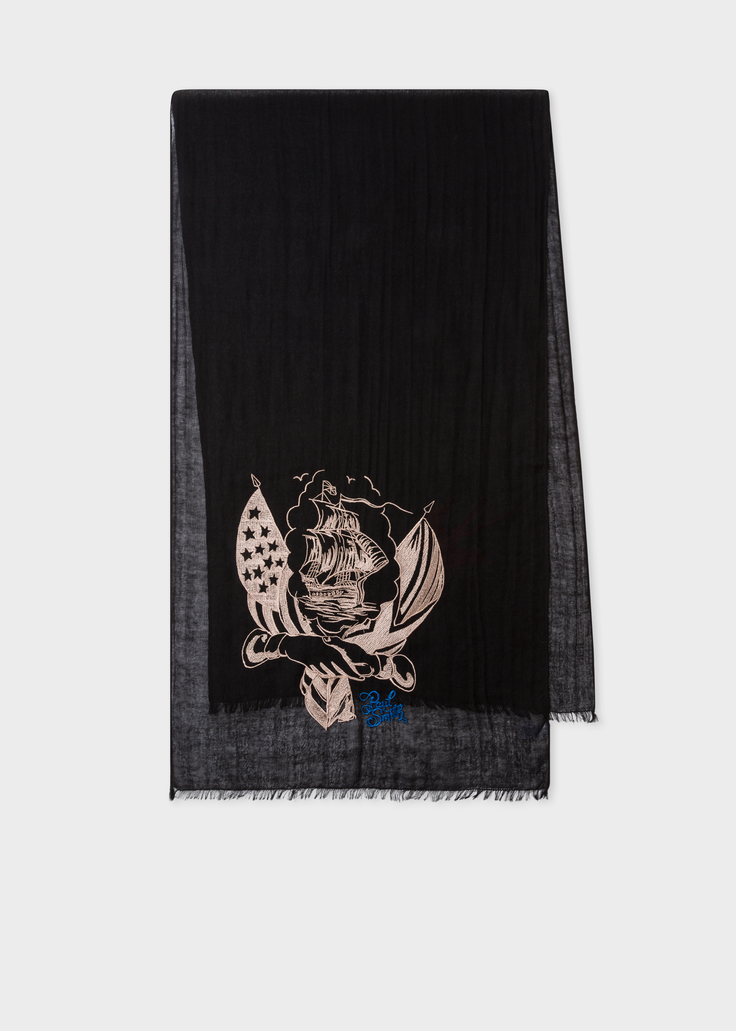 Front view - Paul Smith + Mark Mahoney - Men's Embroidered Ship Wool Scarf