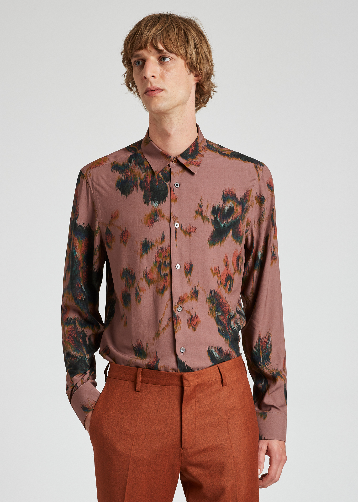 Men's Slim Fit Pale Damson 'Disrupted Rose' Print Shirt
