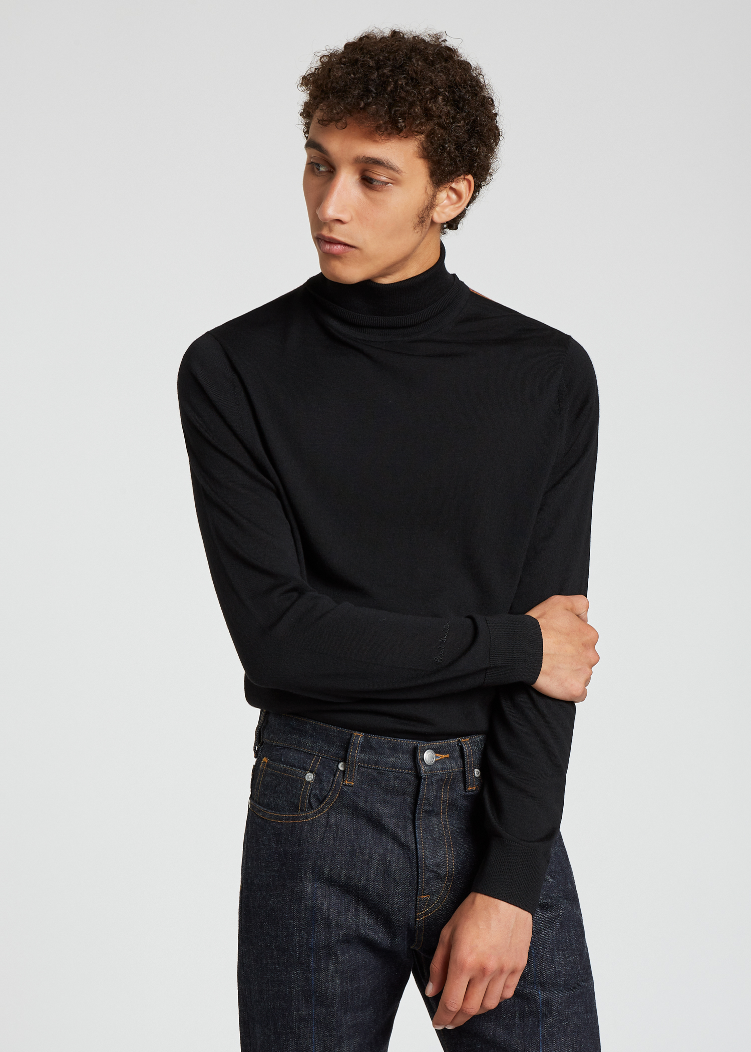 Model front view - Men's Black Merino Roll-Neck Sweater With 'Signature Stripe' Paul Smith