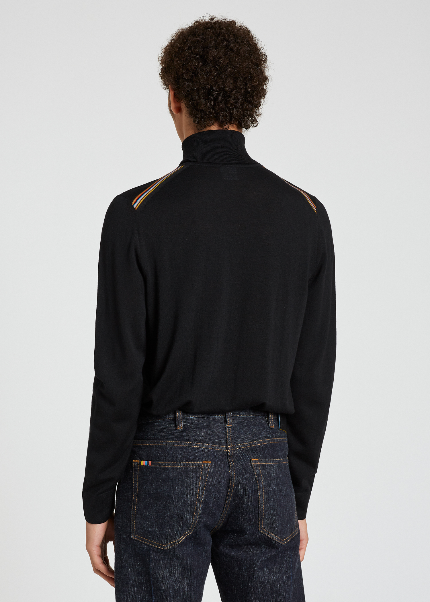 Model back view - Men's Black Merino Roll-Neck Sweater With 'Signature Stripe' Paul Smith