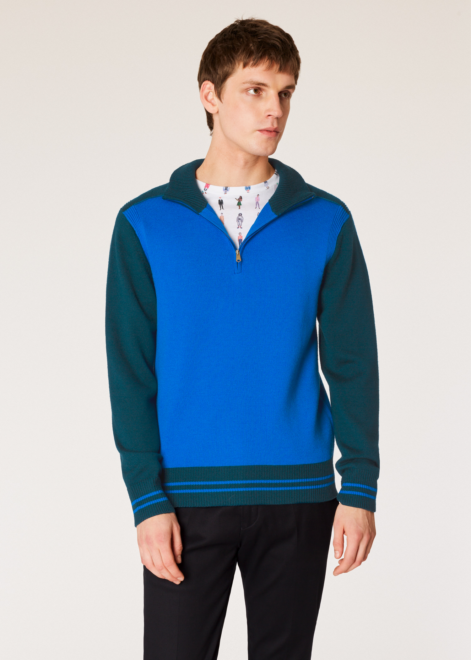 Download Men's Blue Colour-Block Merino Wool Funnel Neck Half-Zip ...