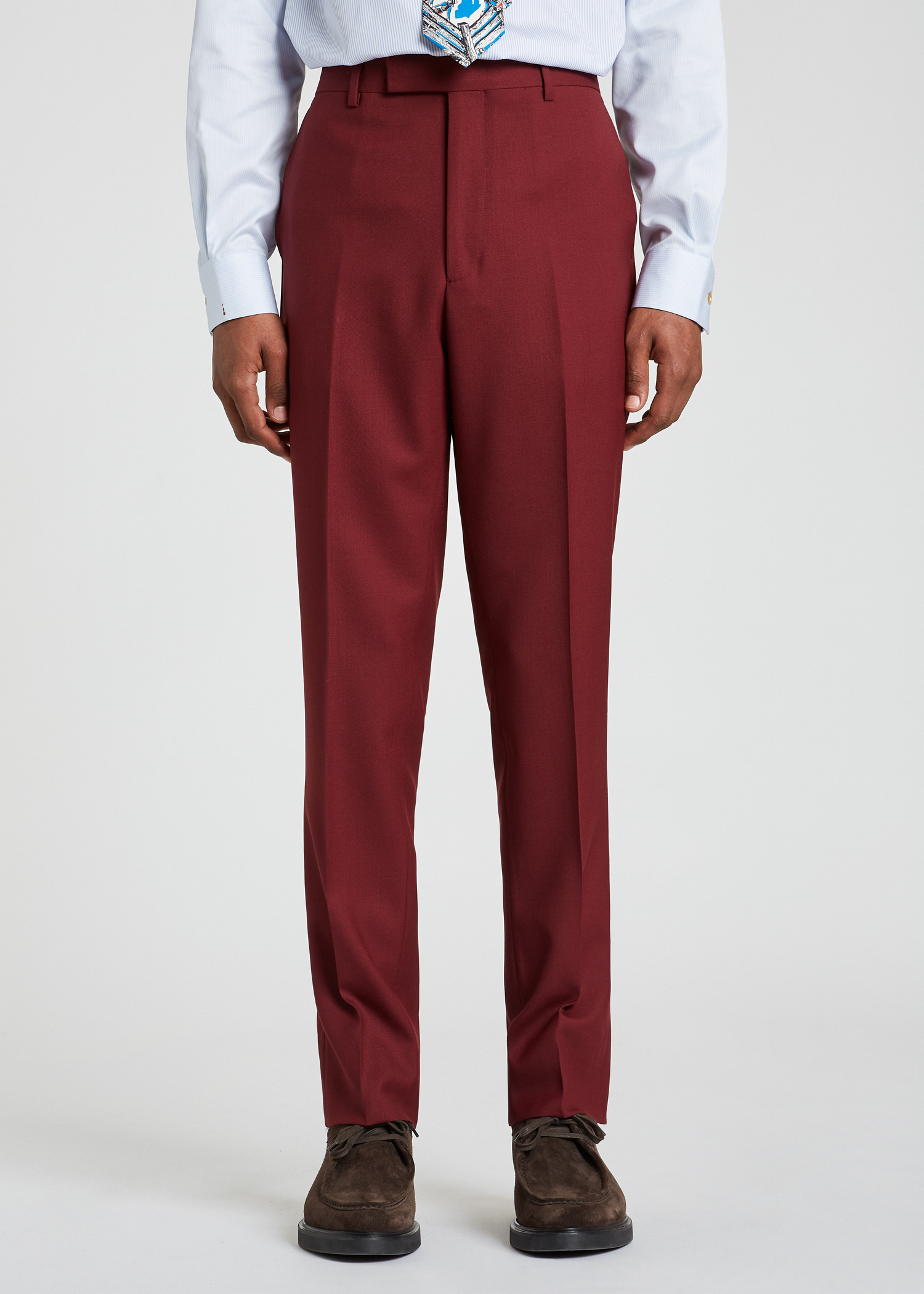 Model trouser front view - A Suit To Travel In - Men's Cherry Red Wool Suit Paul Smith