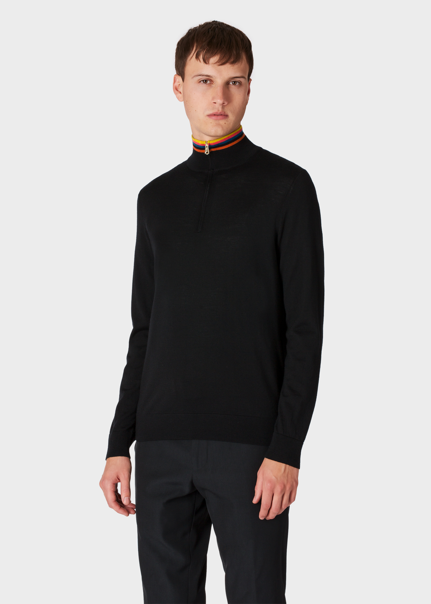 Model front close up - Men's Black Funnel Neck Merino Wool Half-Zip Sweater With 'Artist Stripe' Collar Paul Smith
