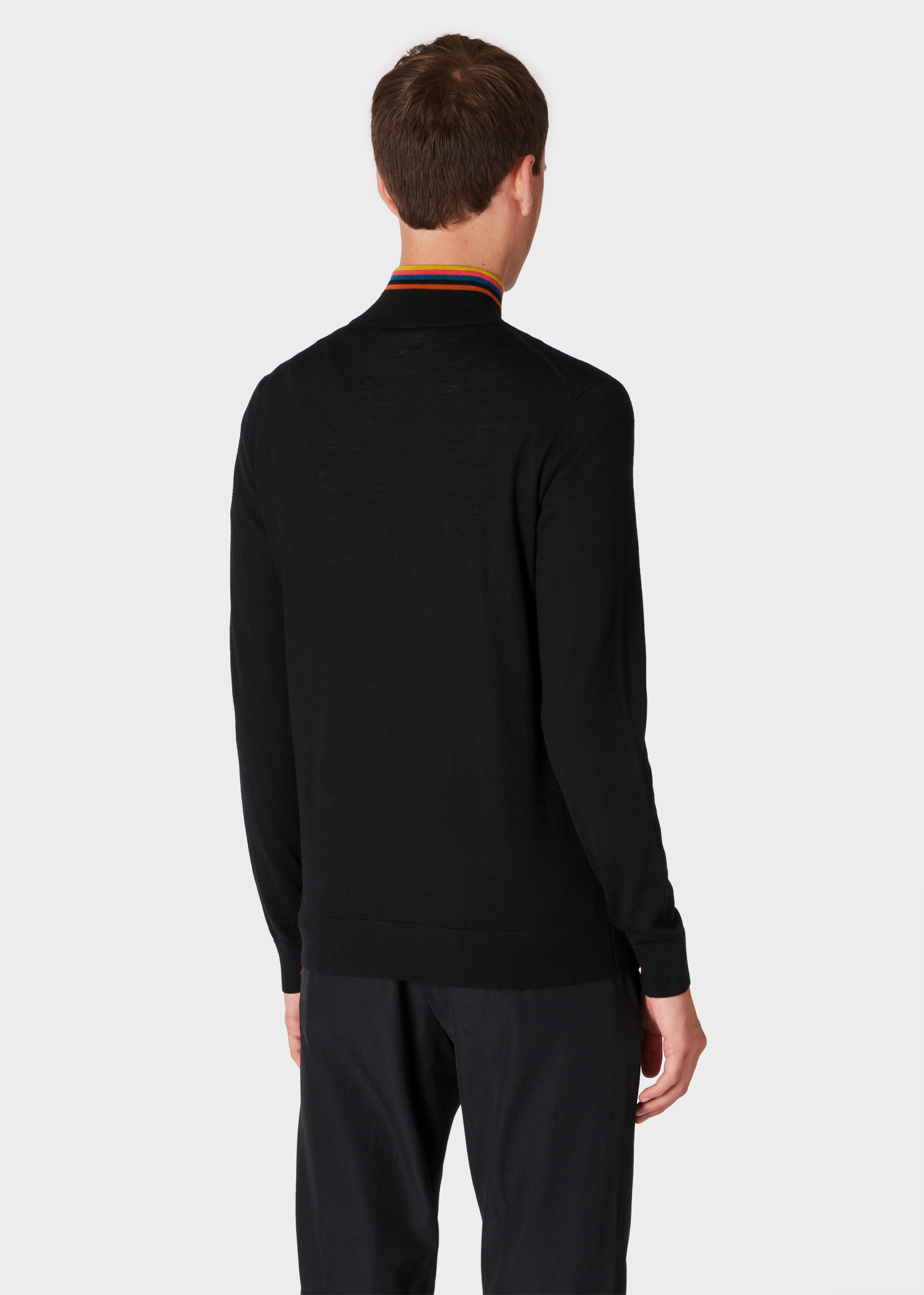 Model back close up - Men's Black Funnel Neck Merino Wool Half-Zip Sweater With 'Artist Stripe' Collar Paul Smith
