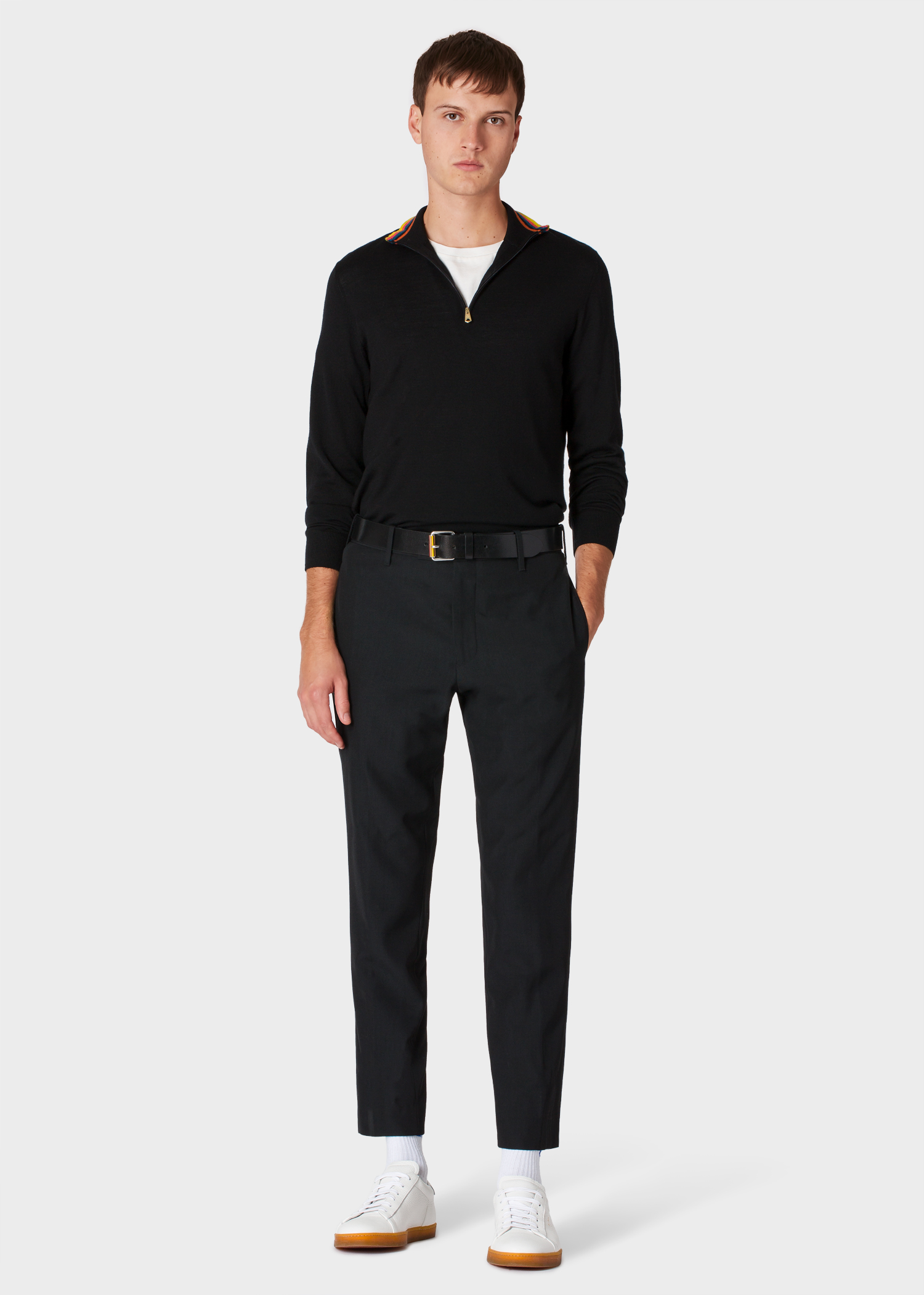 Model front view - Men's Black Funnel Neck Merino Wool Half-Zip Sweater With 'Artist Stripe' Collar Paul Smith