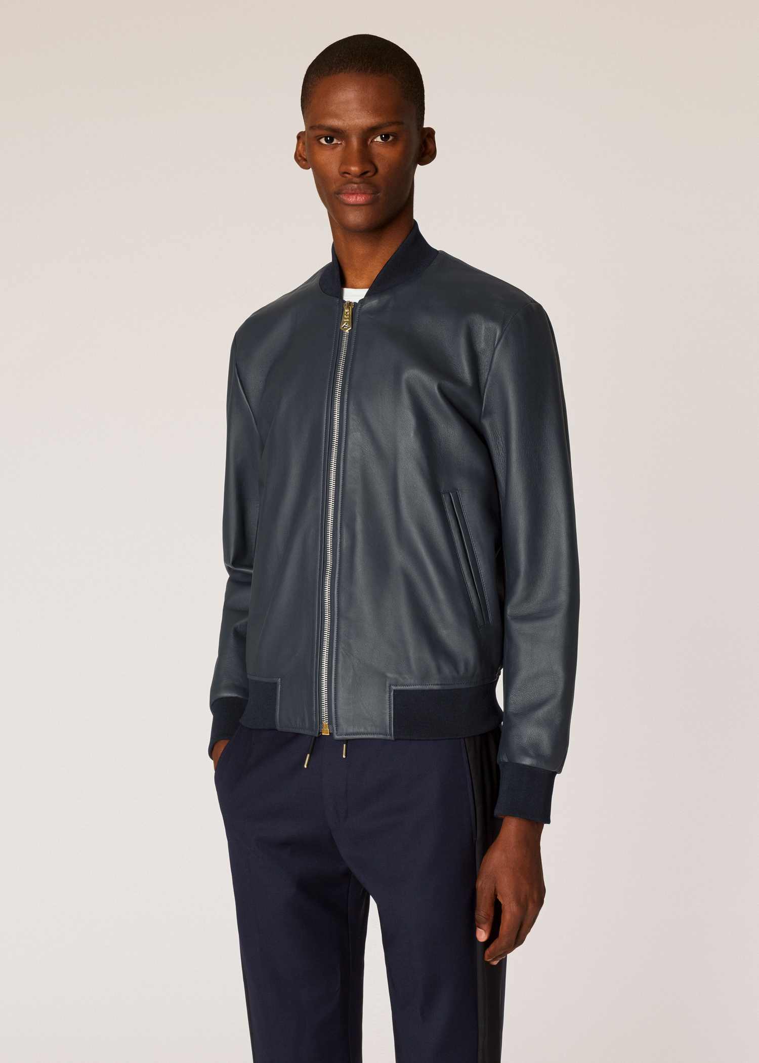 Men S Navy Leather Er Jacket Paul Smith Australia Model Front Close Up Men S Navy Leather Er Jacket Paul Smith