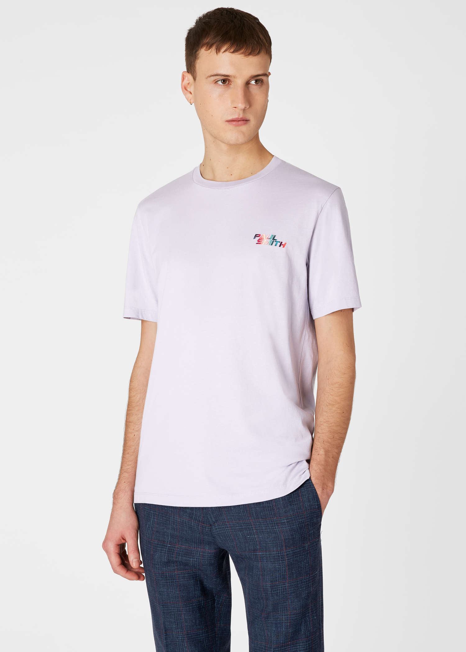 Model front close up - Men's Slim-Fit Lilac T-Shirt With 'Paul Smith' Embroidery Paul Smith