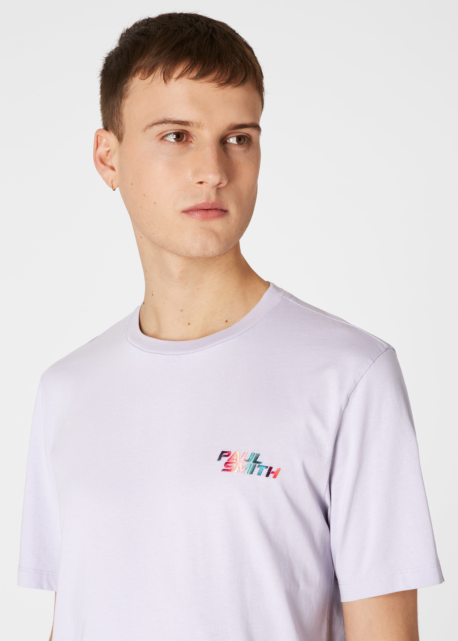 Model front detail crop - Men's Slim-Fit Lilac T-Shirt With 'Paul Smith' Embroidery Paul Smith