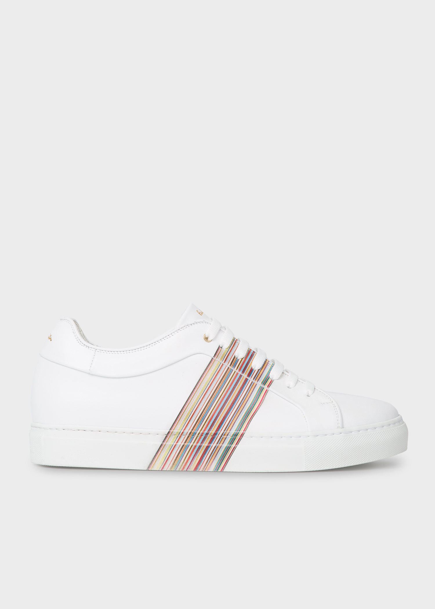 Side view - Men's White Leather 'Basso' Trainers With 'Signature Stripe' Panel Paul Smith