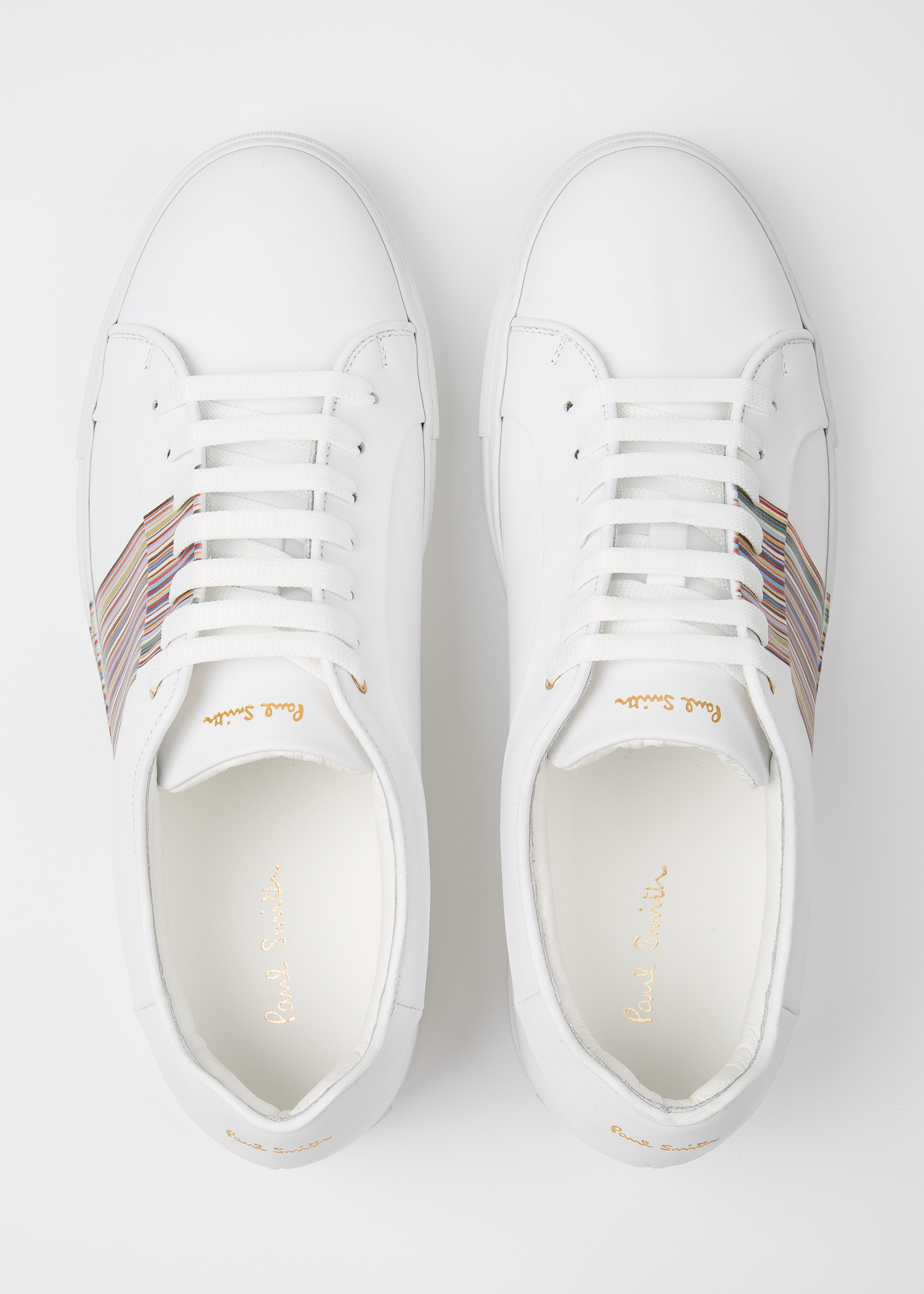 Front view - Men's White Leather 'Basso' Trainers With 'Signature Stripe' Panel Paul Smith