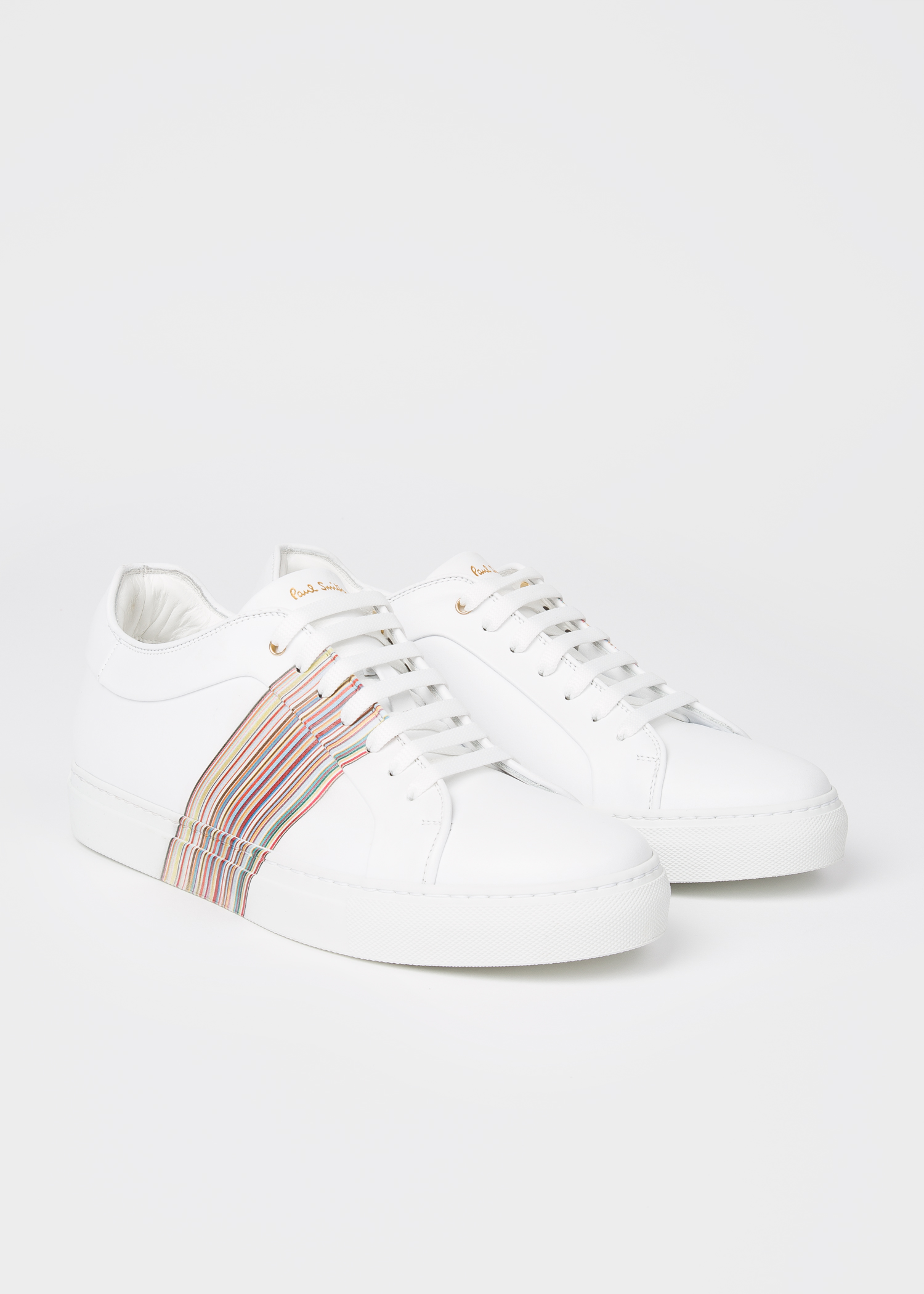 Angled view - Men's White Leather 'Basso' Trainers With 'Signature Stripe' Panel Paul Smith
