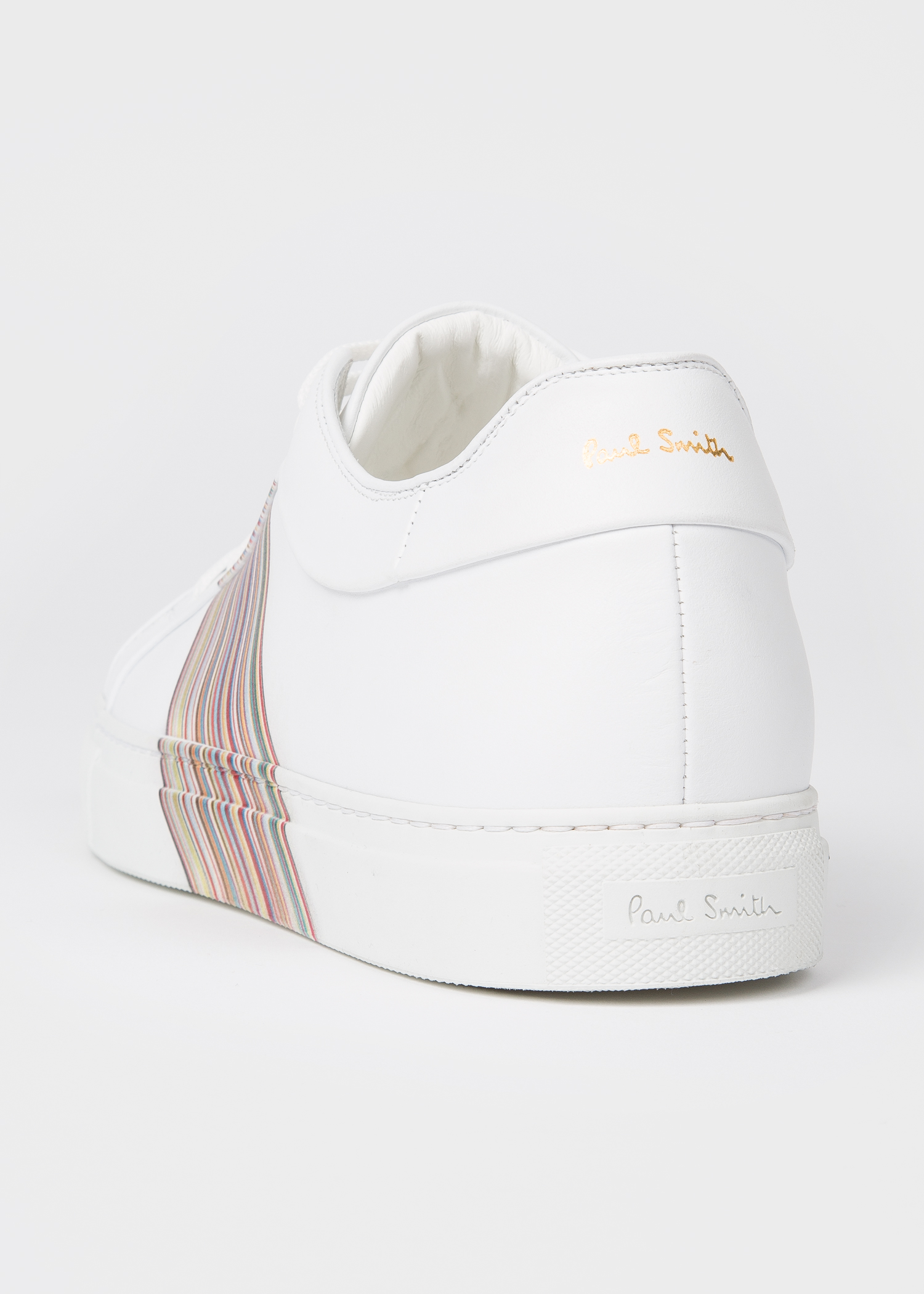 Heel view - Men's White Leather 'Basso' Trainers With 'Signature Stripe' Panel Paul Smith