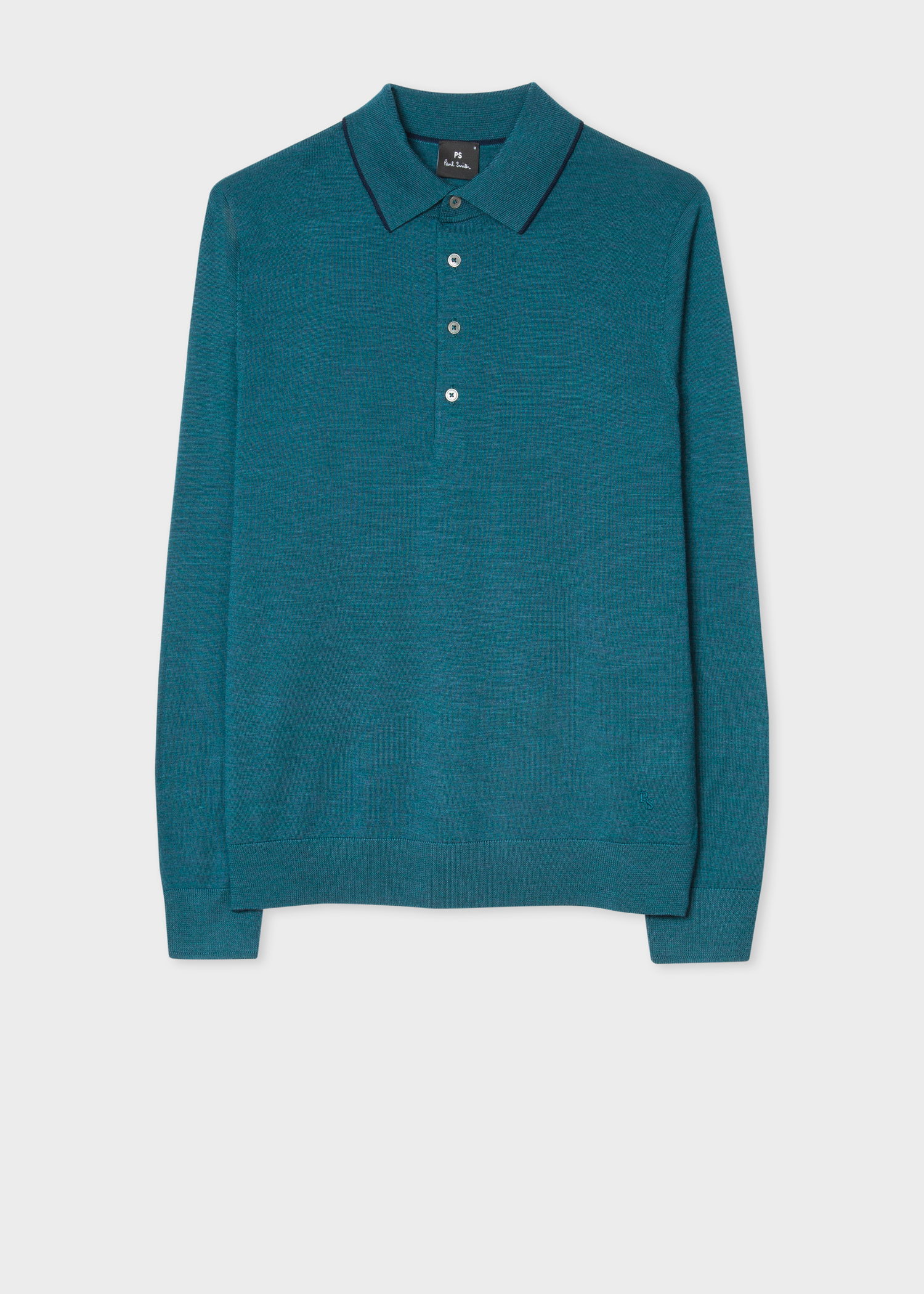 Men's Dark Teal Merino Wool Long-Sleeve Polo Shirt - Paul Smith US