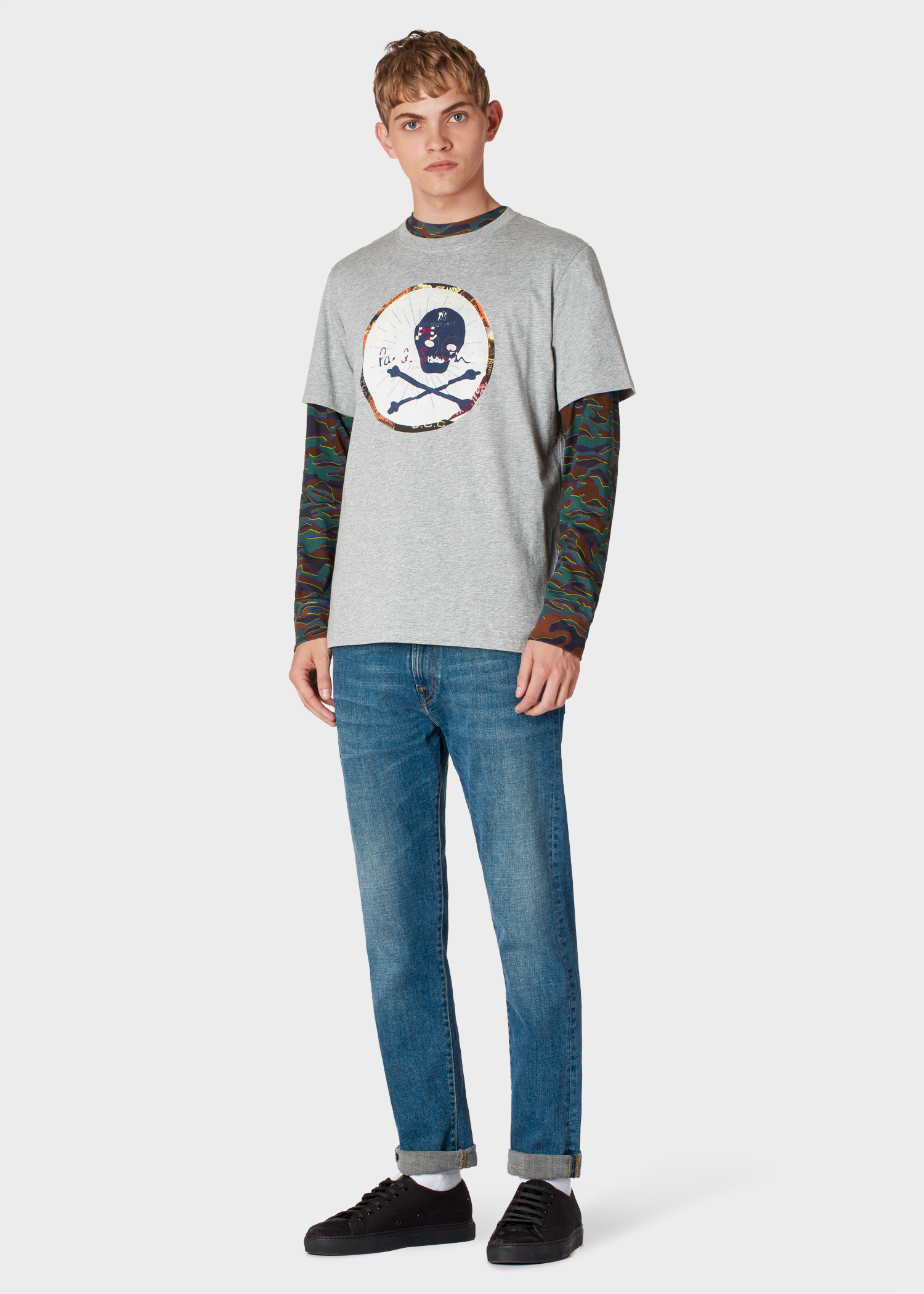 Model front View - Men's Grey Marl 'Speed Shop' Print Organic-Cotton T-Shirt Paul Smith
