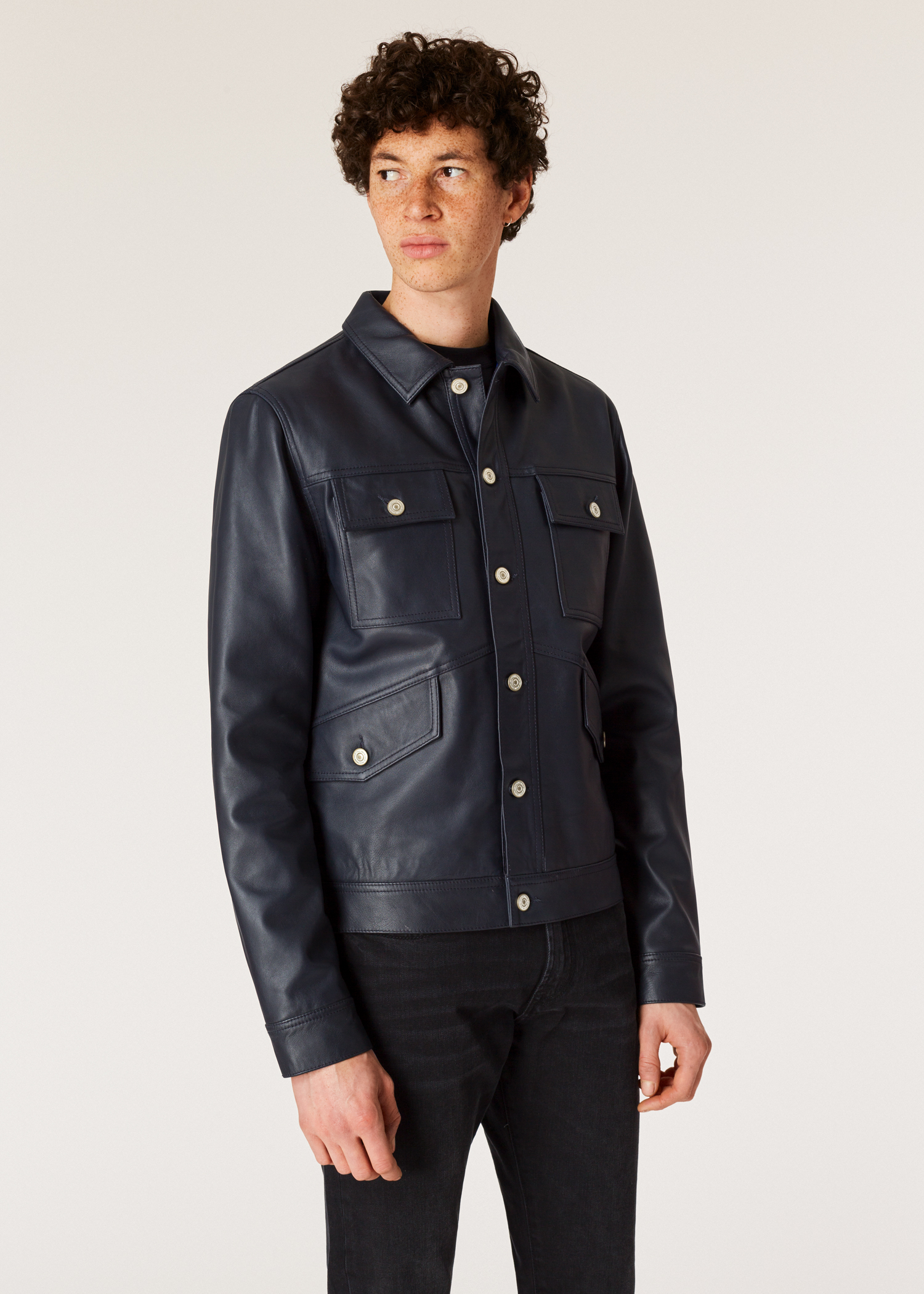 Men S Navy Leather Rider Jacket Paul Smith Australia Model Front Close Up Men S Navy Leather Rider Jacket Paul Smith