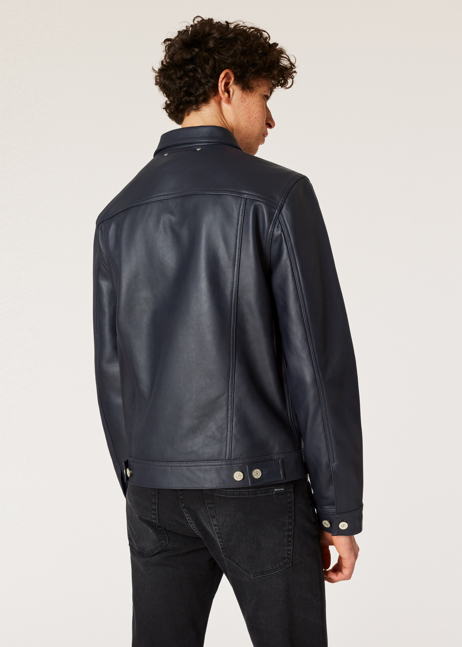 Men S Navy Leather Rider Jacket Paul Smith Australia Model Back Close Up Men S Navy Leather Rider Jacket Paul Smith