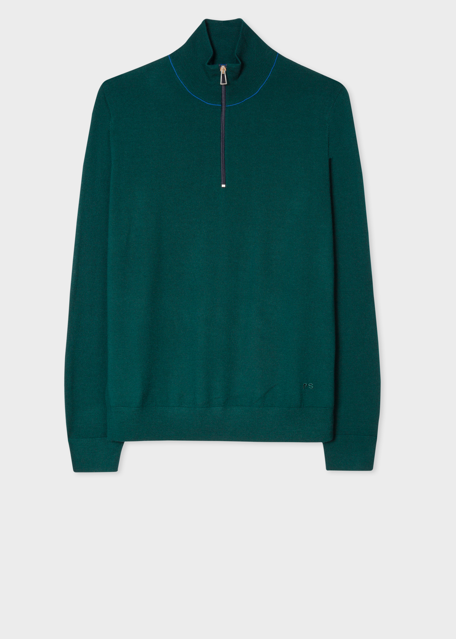 Front View - Men's Dark Green Half-Zip Merino Wool Sweater Paul Smith