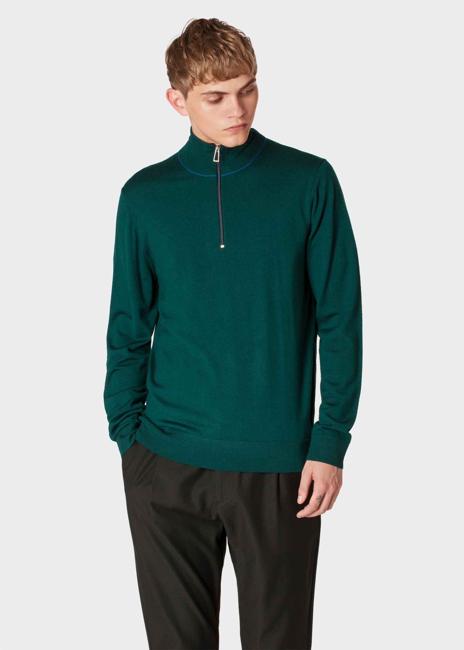 Model front close up - Men's Dark Green Half-Zip Merino Wool Sweater Paul Smith