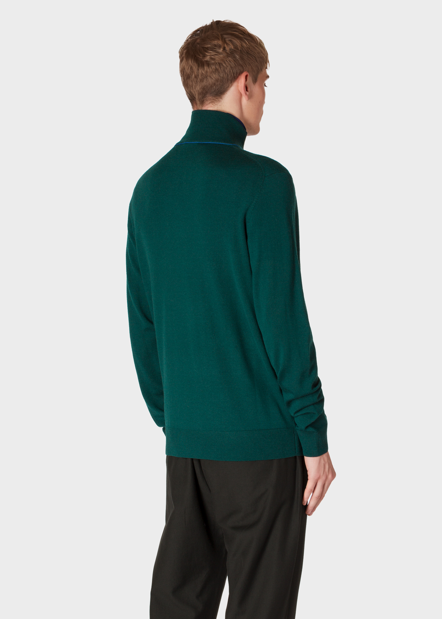 Model back close up - Men's Dark Green Half-Zip Merino Wool Sweater Paul Smith