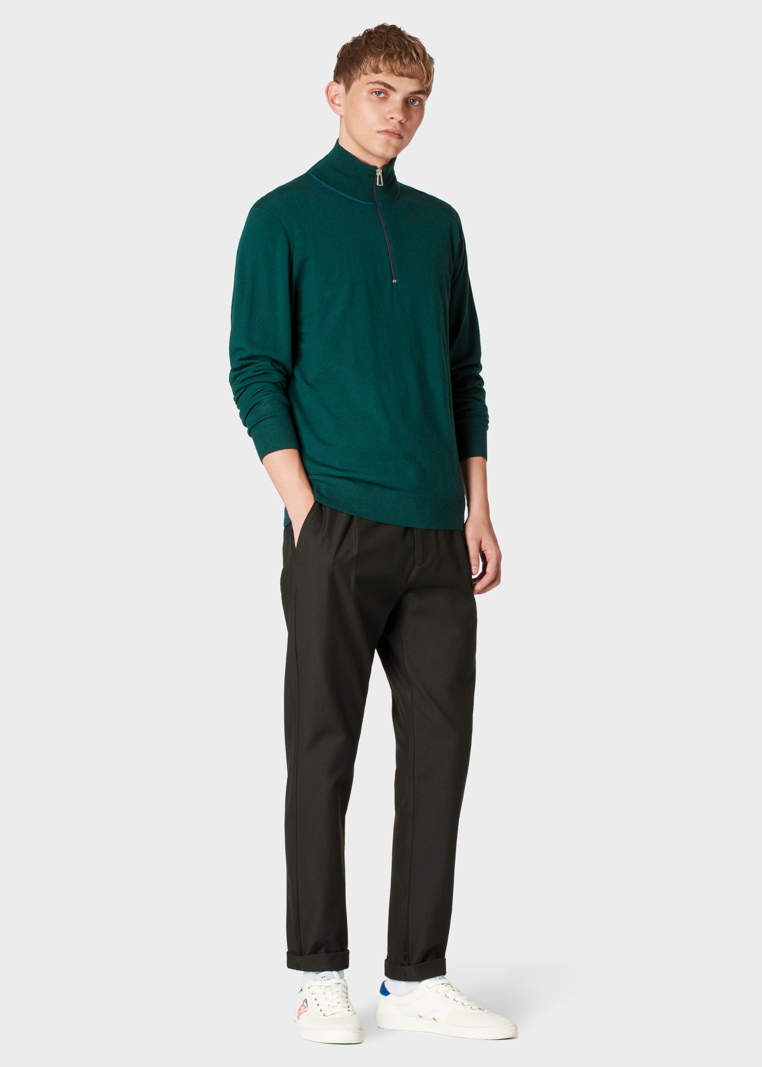 Model front view - Men's Dark Green Half-Zip Merino Wool Sweater Paul Smith