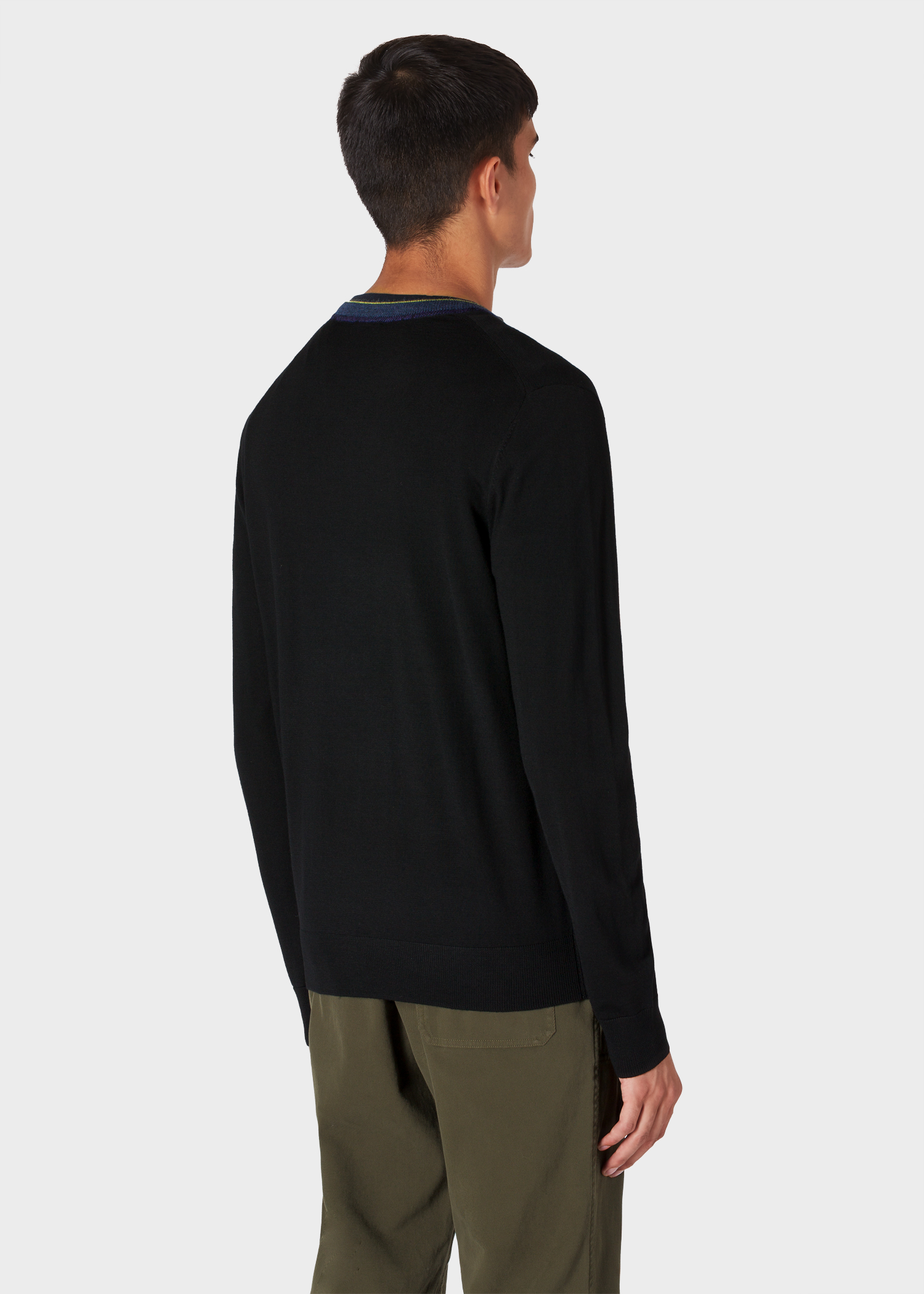 Model back close up - Men's Black Merino Wool Sweater With Contrasting Alpaca Collar
